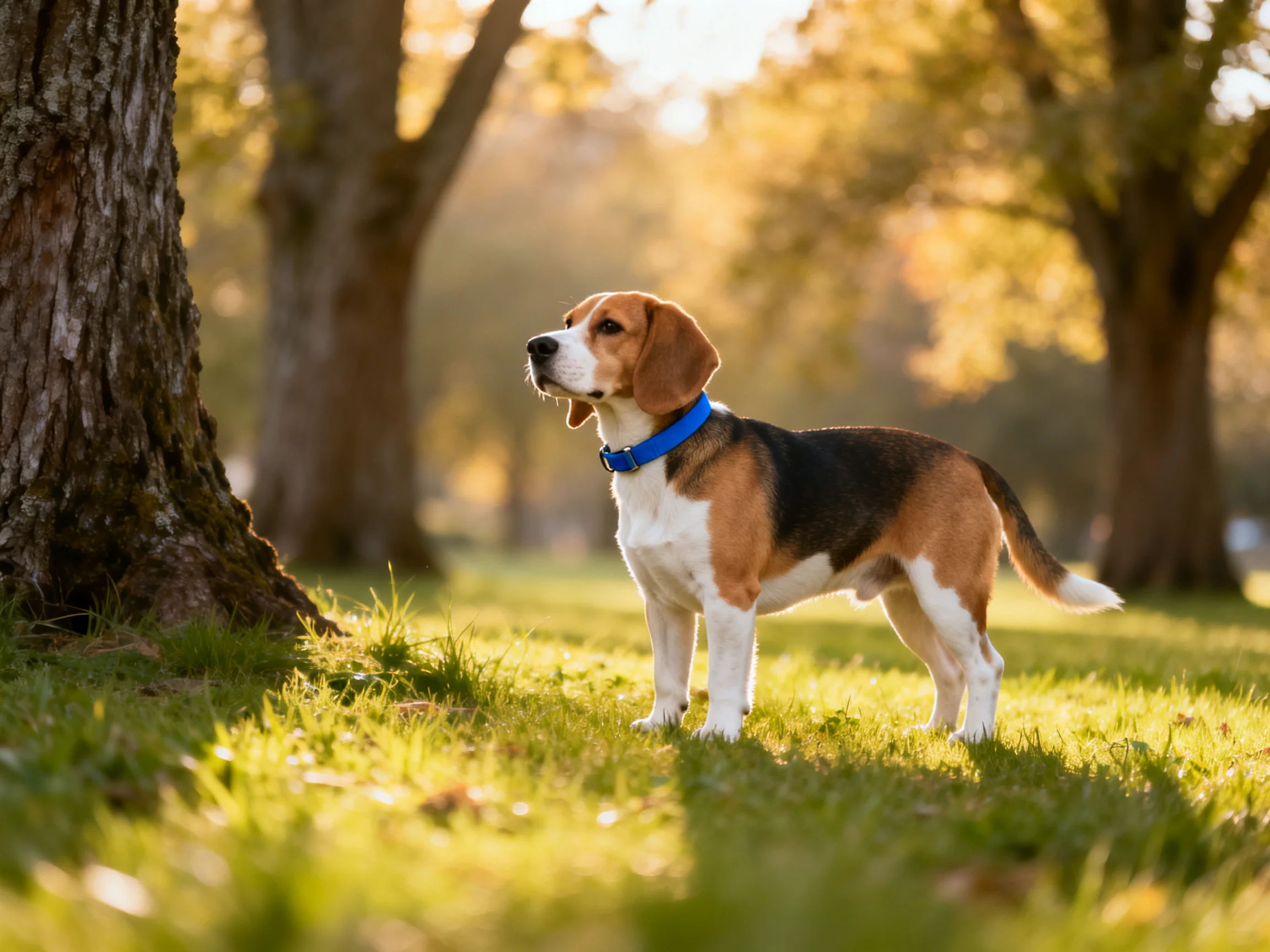 A tricolor beagle with a blue collar stands near a tree in a sunlit park