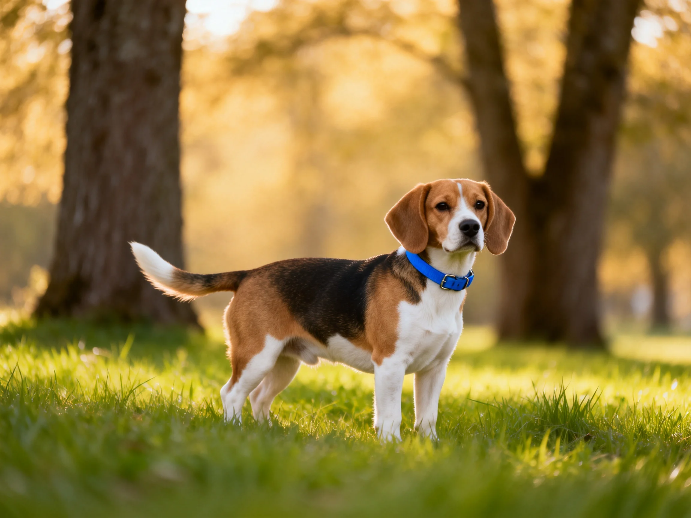 A tricolor beagle with a blue collar stands on green grass near large brown trees