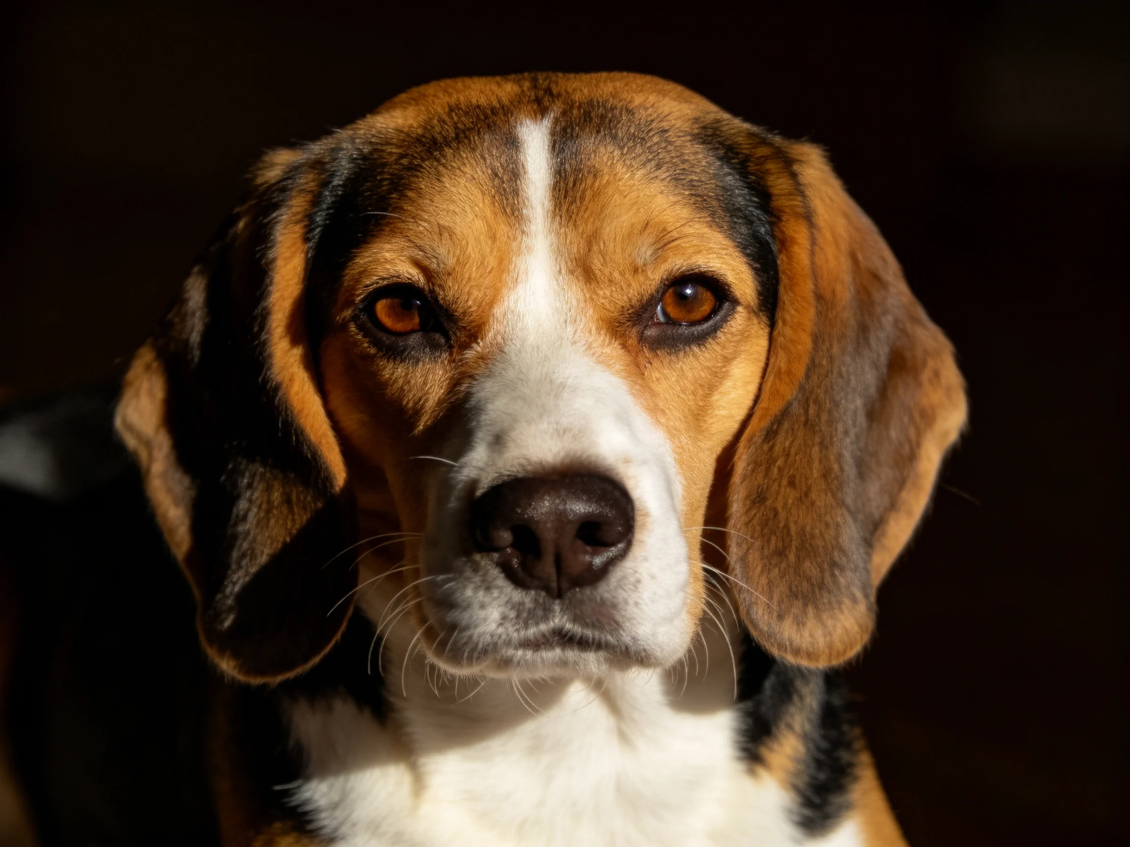 A tricolor beagle with brown, black, and white fur
