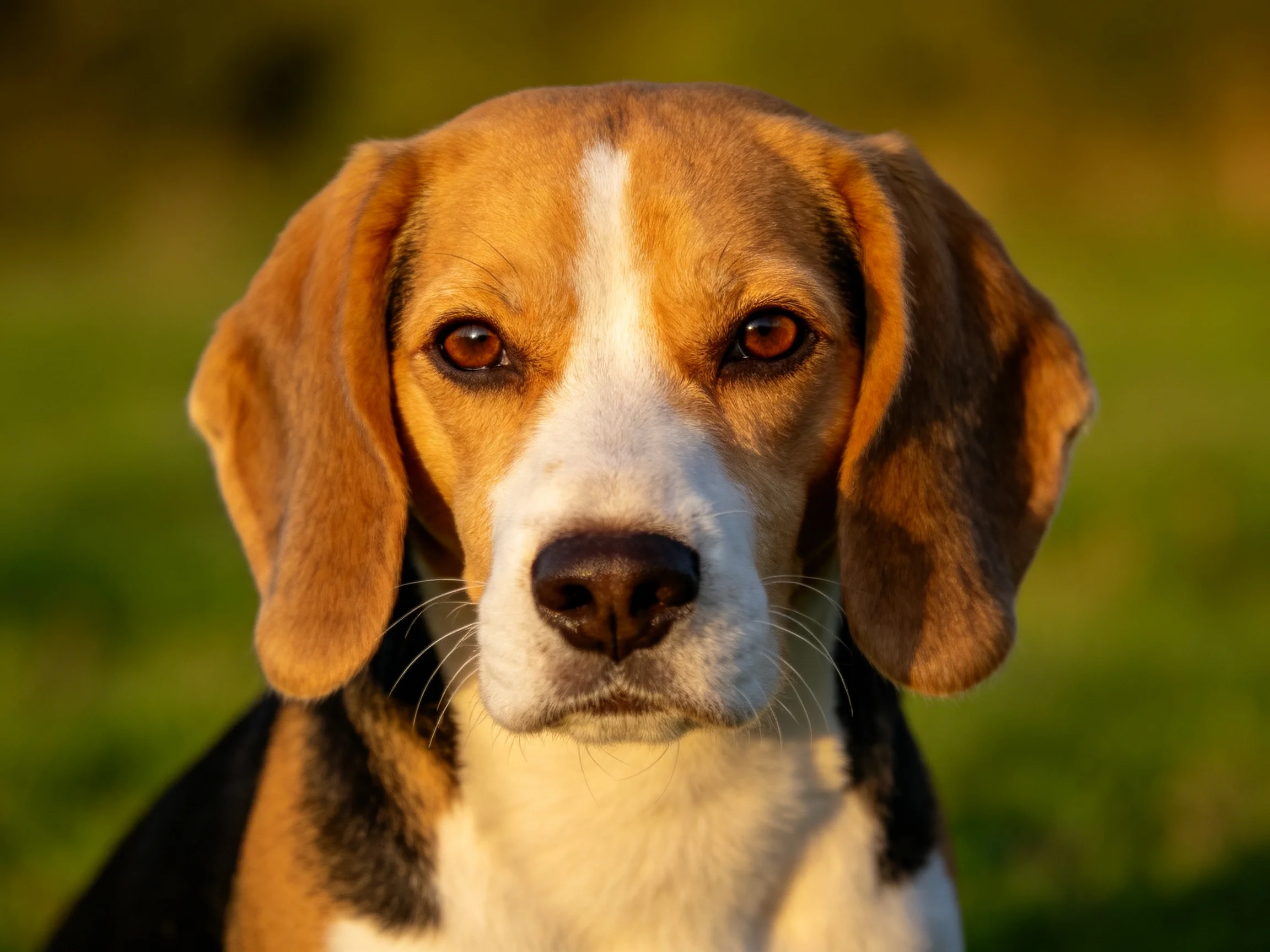 A tricolor beagle with large ears in a sunlit outdoor setting