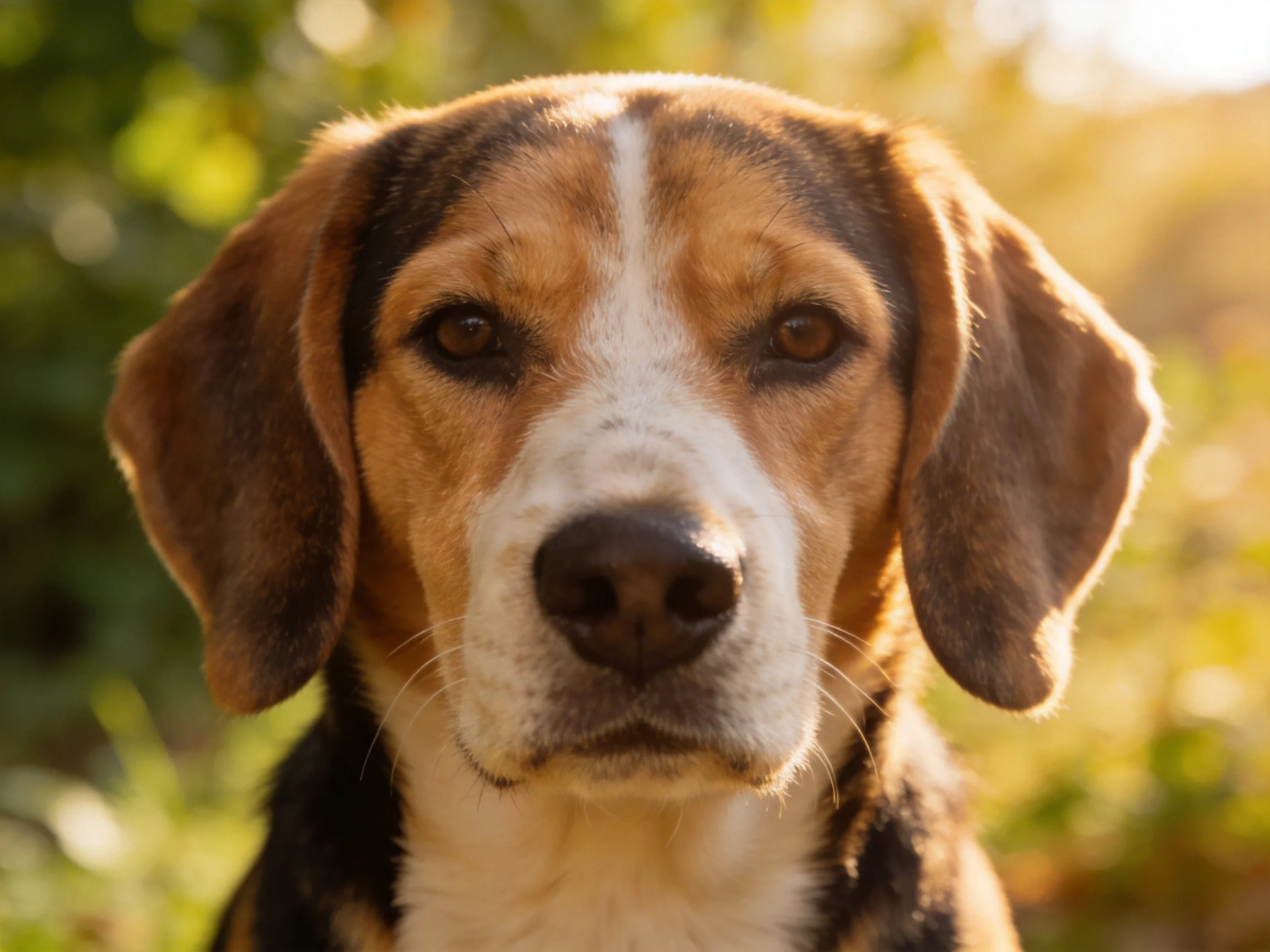 A tricolor beagle stands calmly among blurred greenery.