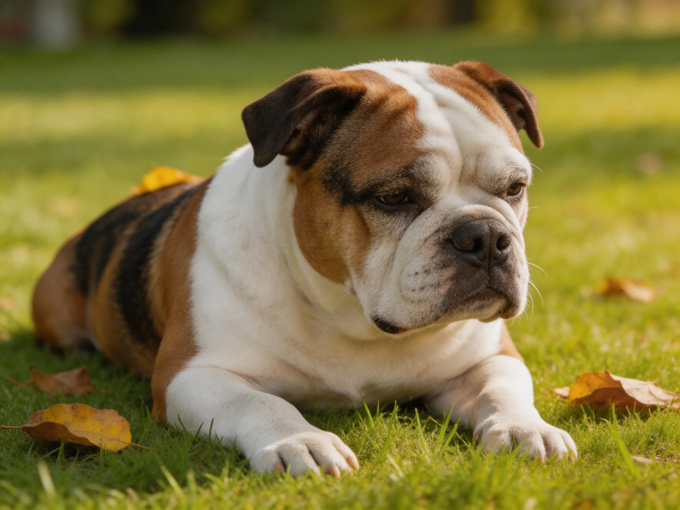 A tricolor bulldog rests on green grass amid scattered autumn leaves