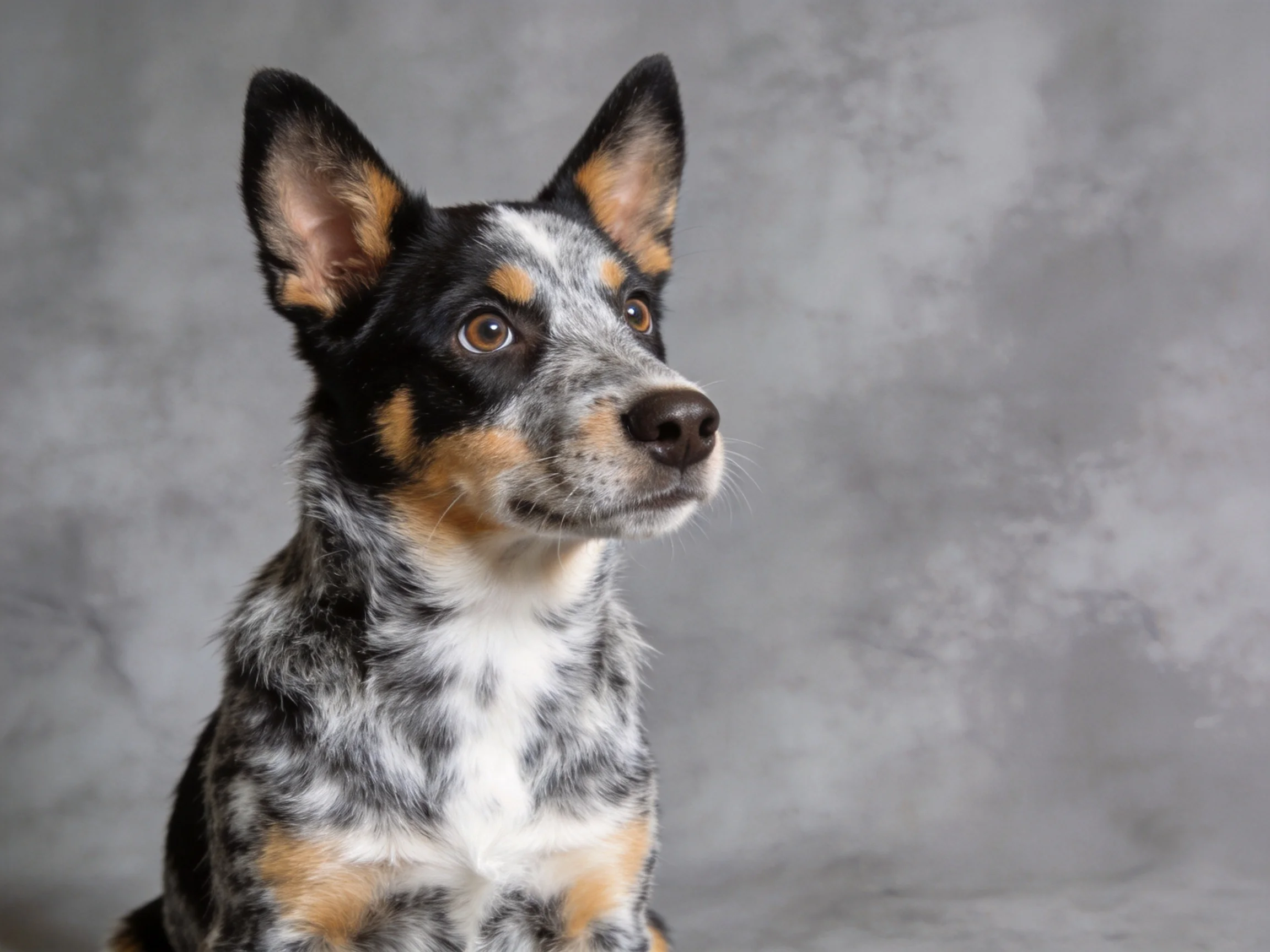 A tricolored Australian Cattle Dog puppy gazes attentively in front of a gray backdrop.