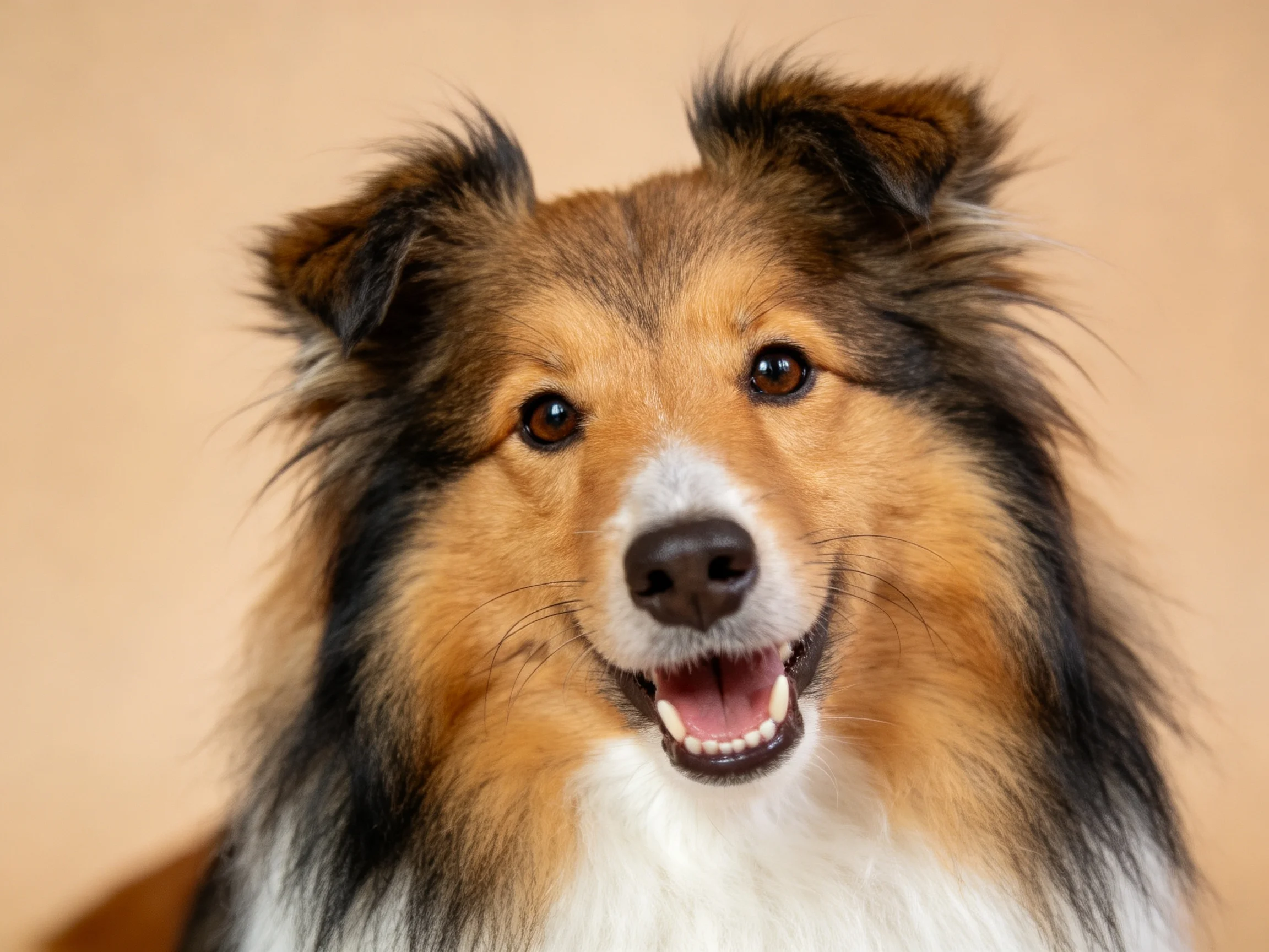 A tricolor-coated Sheltie with a cheerful expression