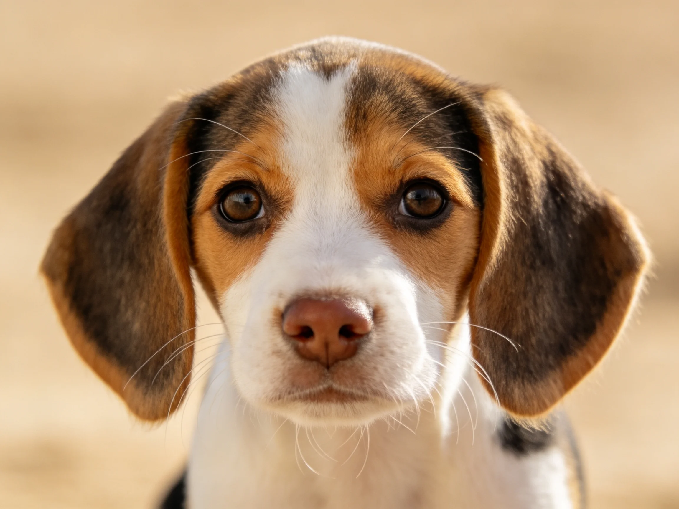 A tricolor-coated beagle puppy with large brown ears