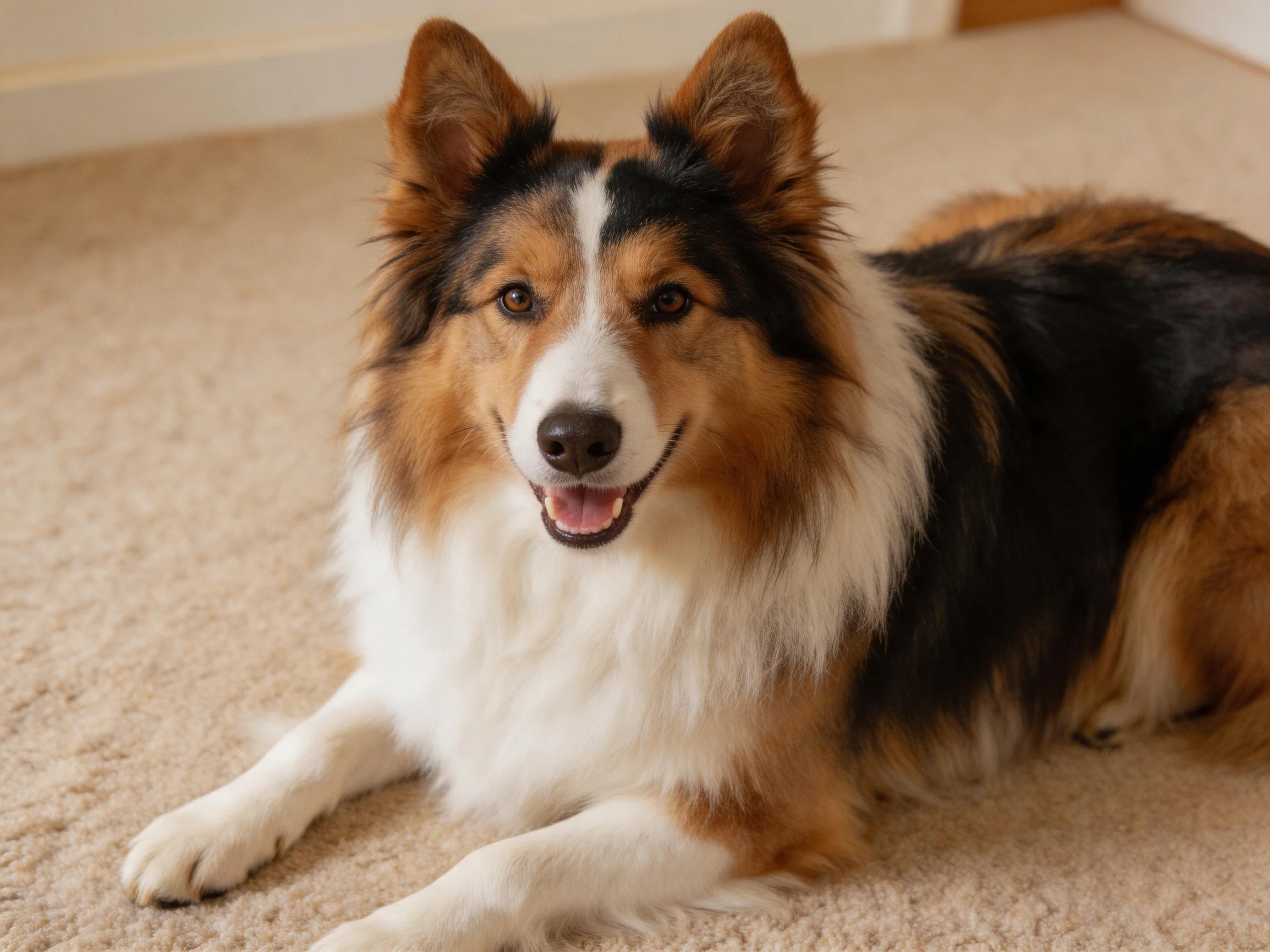 A tricolor dog relaxes on a beige carpet inside