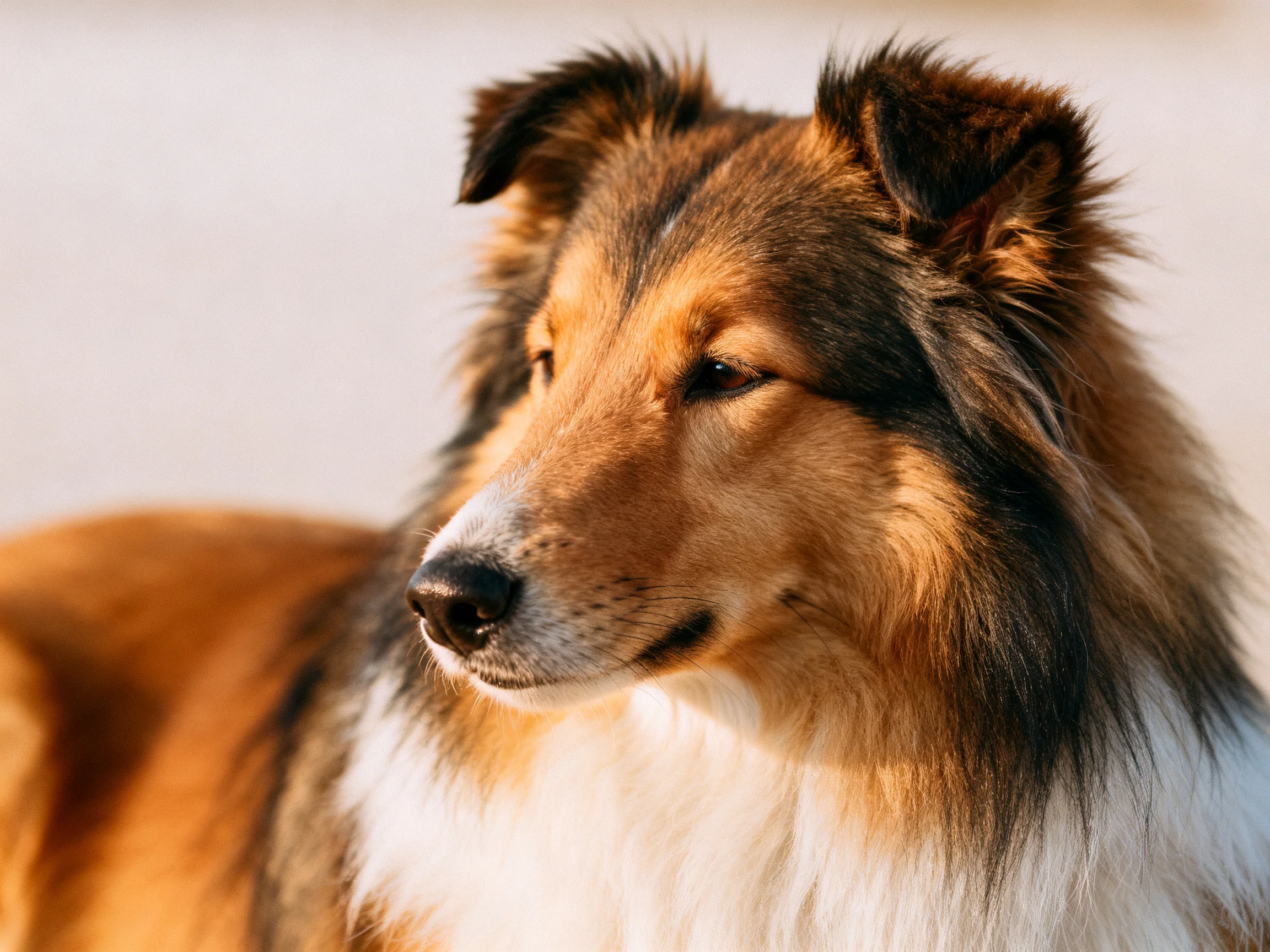 A tricolor-coated dog stands calmly under soft lighting.