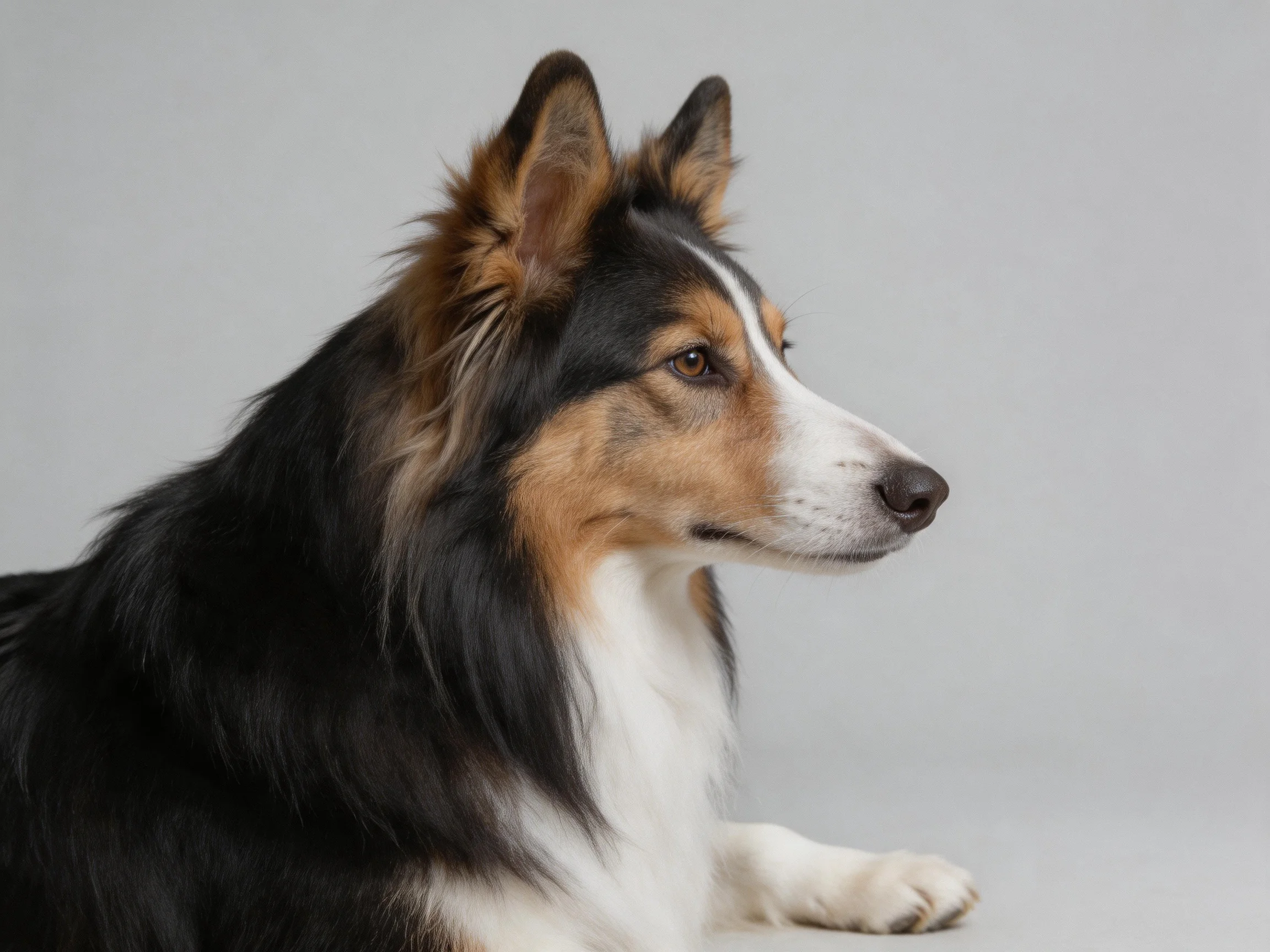 A tricolor-coated dog rests calmly against a plain gray backdrop.