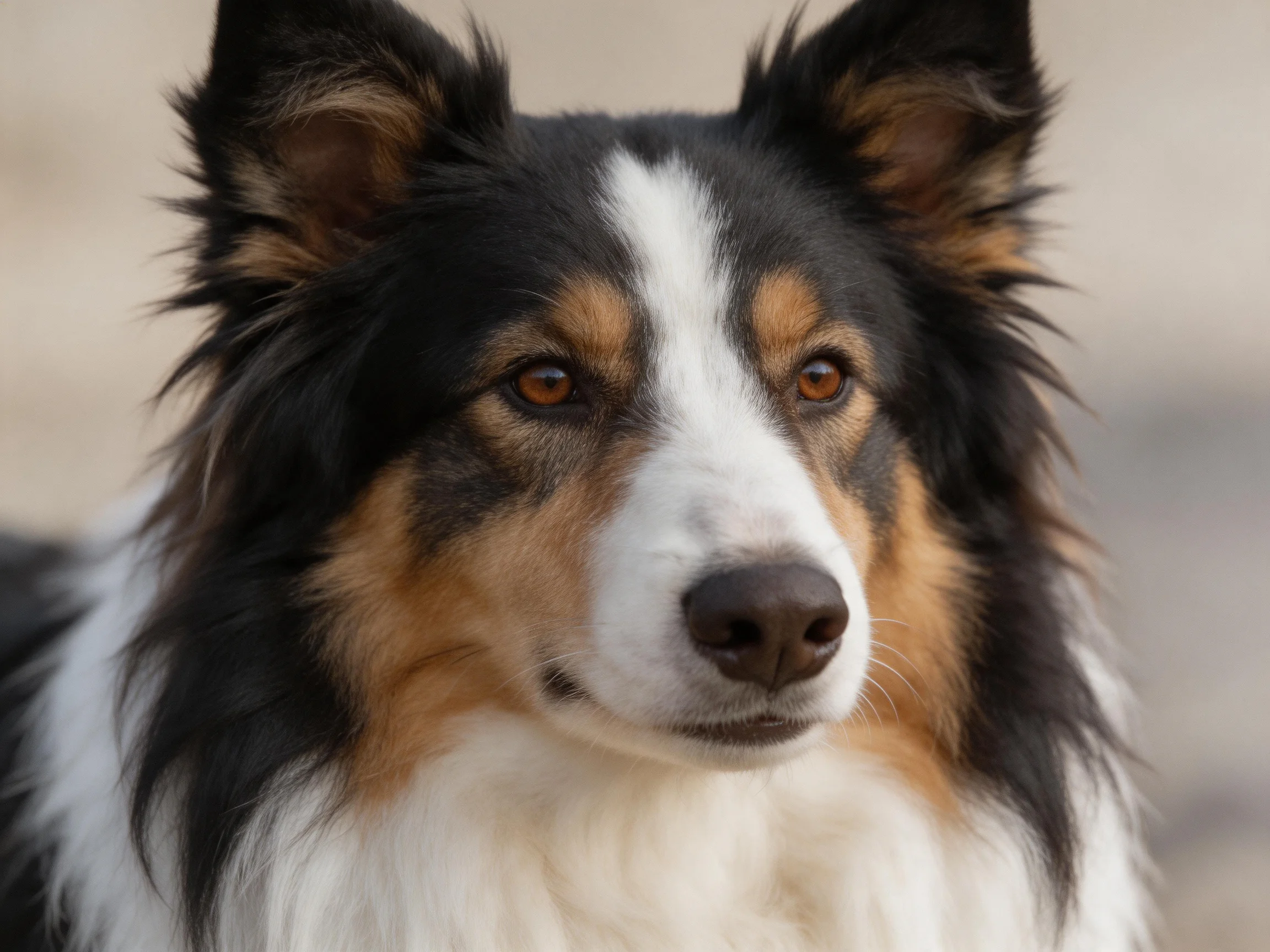 A tricolor-coated dog with upright ears and expressive eyes