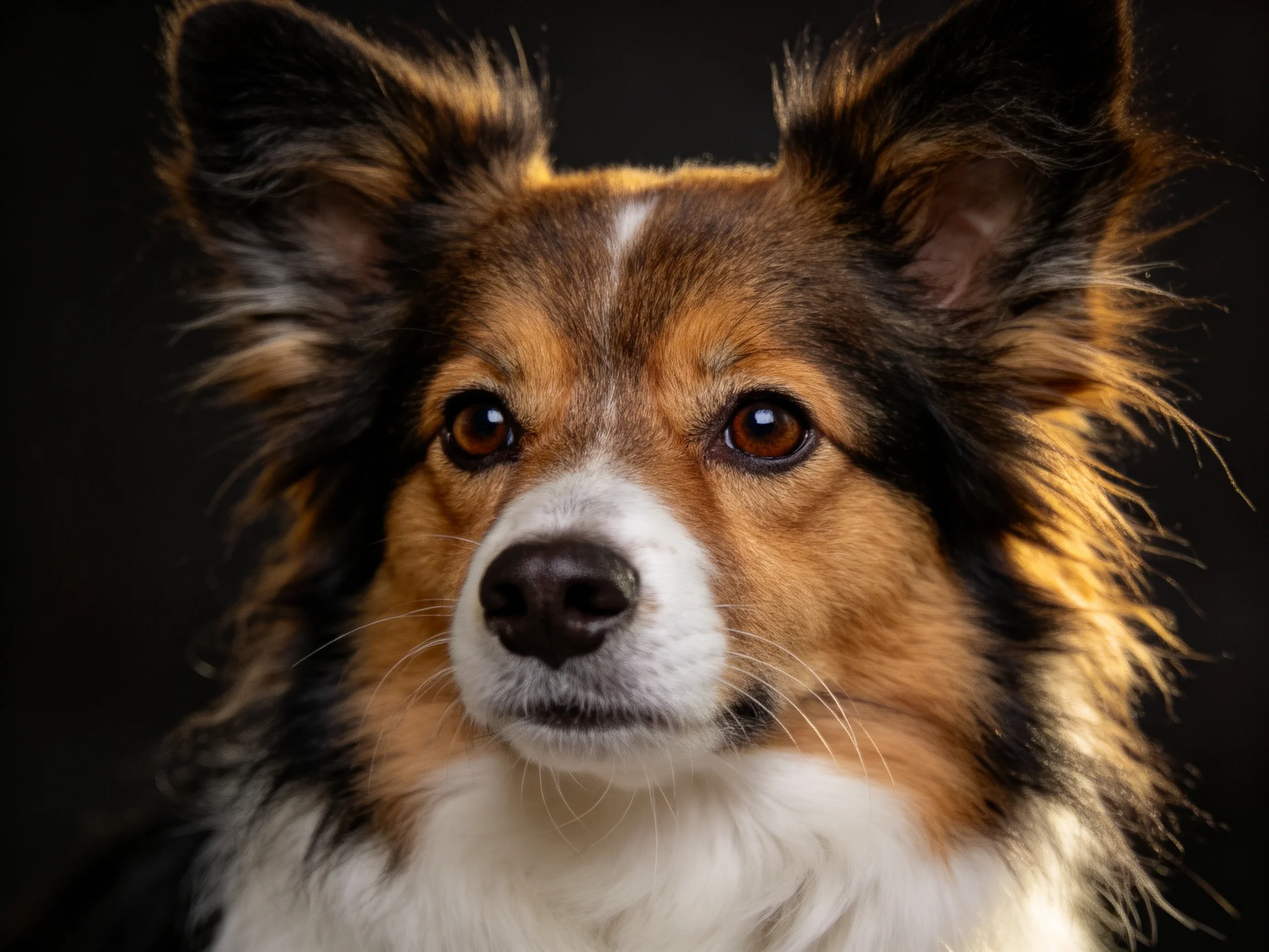 A tricolor-coated dog with upright ears on a dark background
