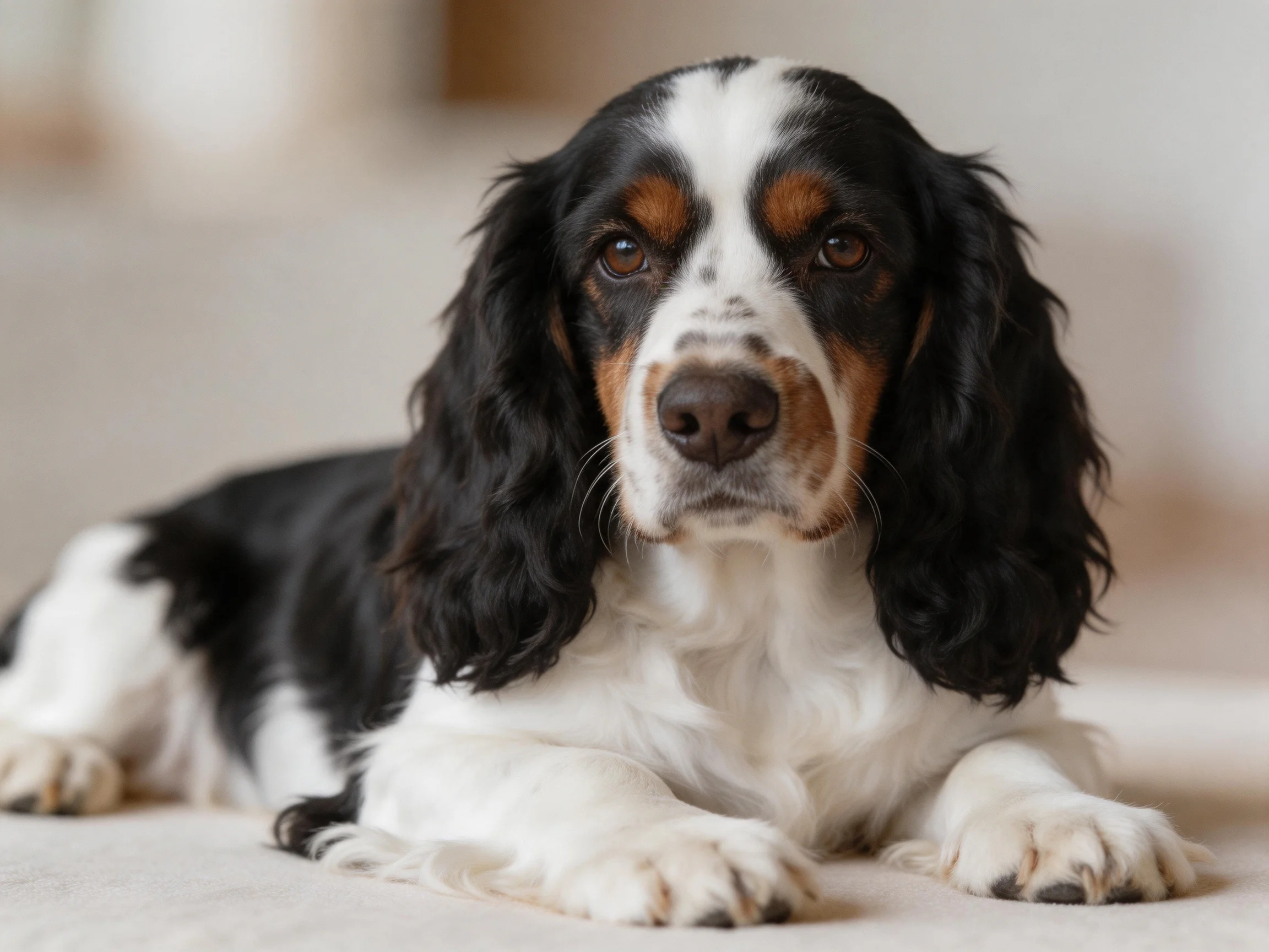 A tricolor-coated spaniel rests calmly on a soft surface