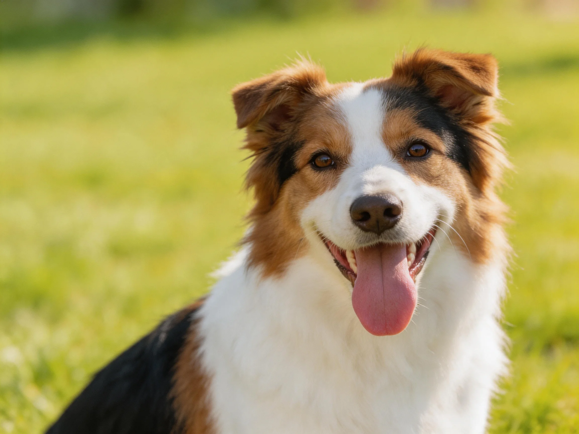 A cheerful tricolor collie enjoys resting on vibrant green grass