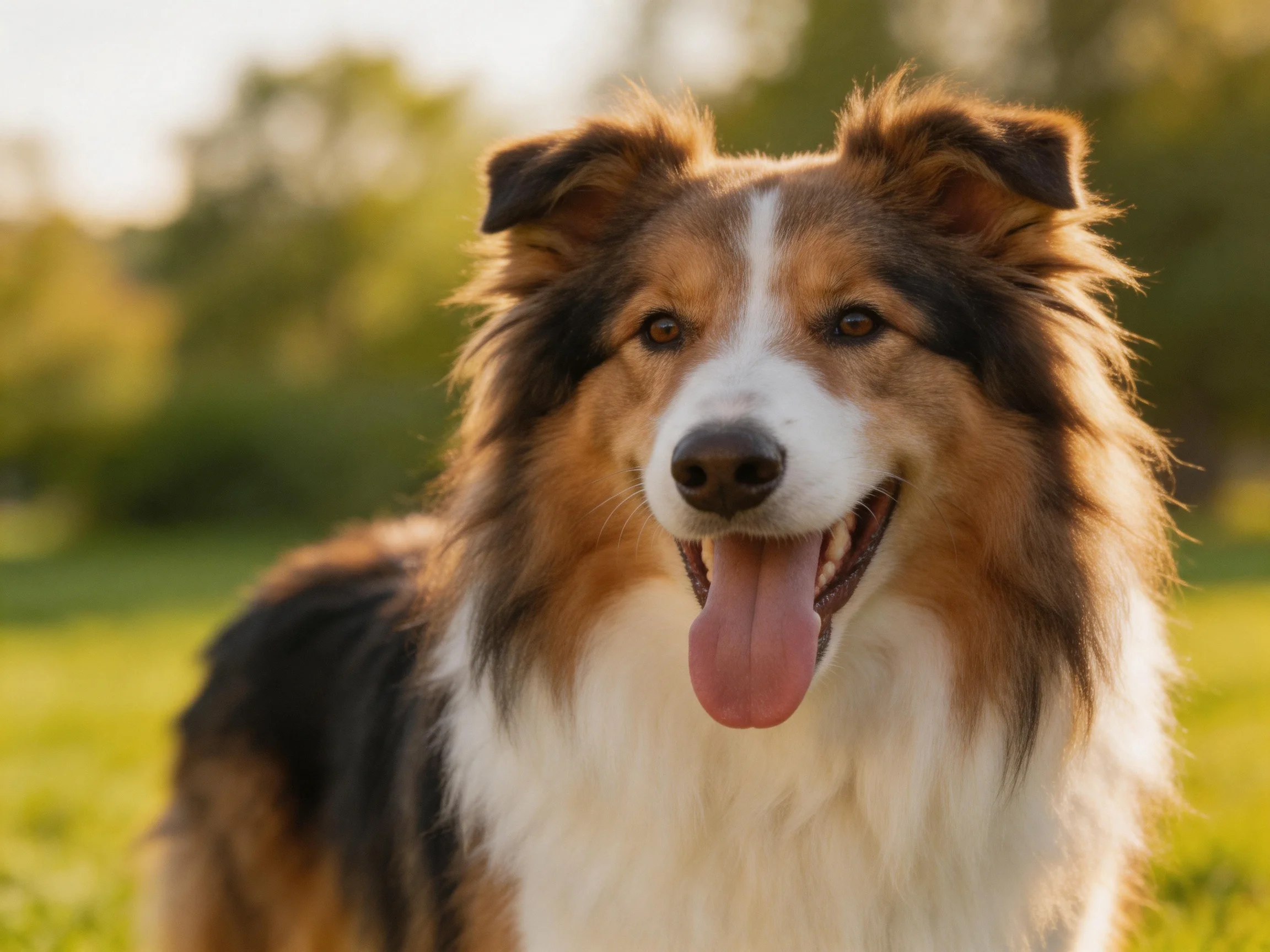A cheerful tricolor collie enjoys the sunny outdoor setting.