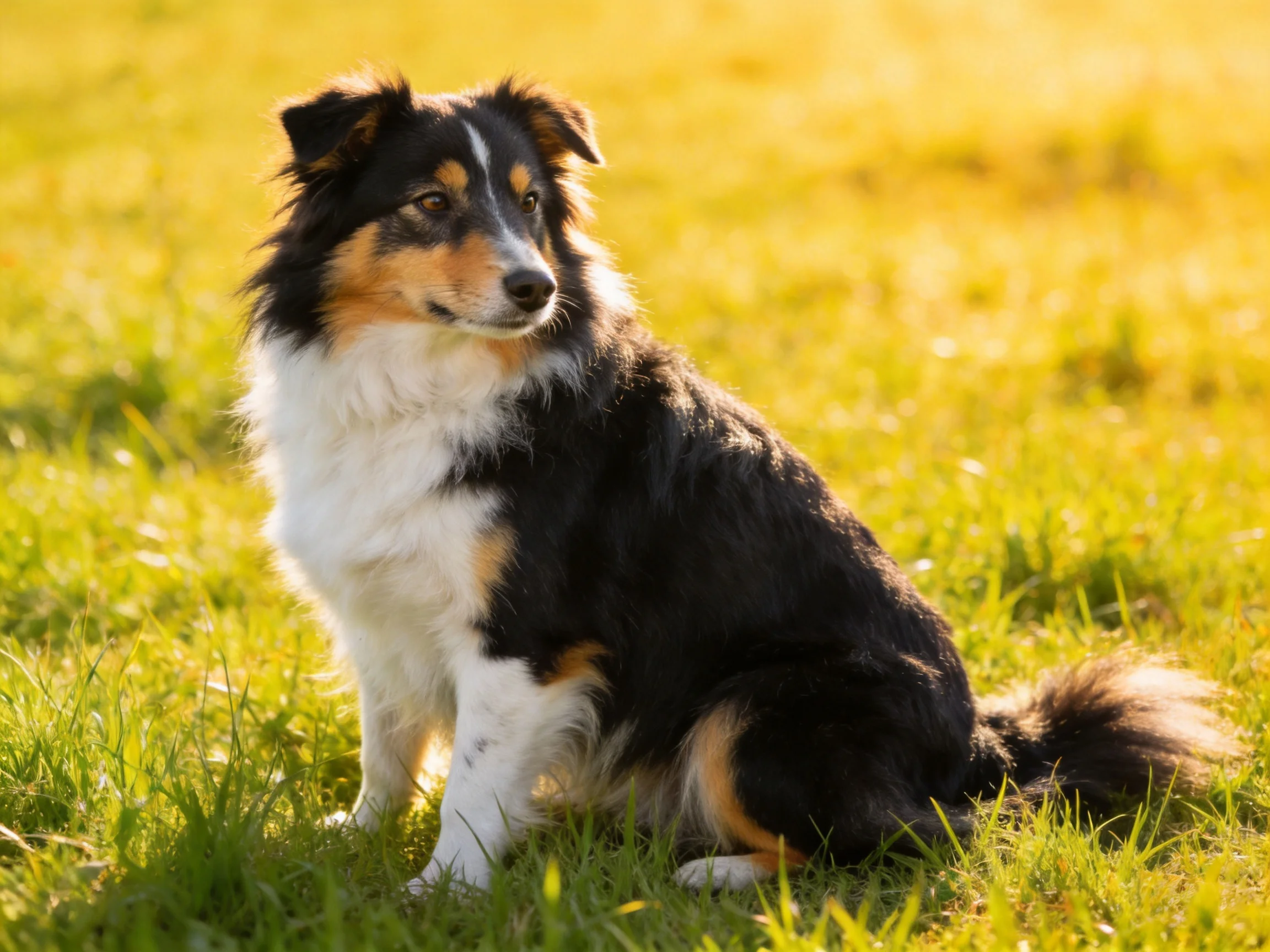 A tricolor collie sits attentively on sunlit green grass
