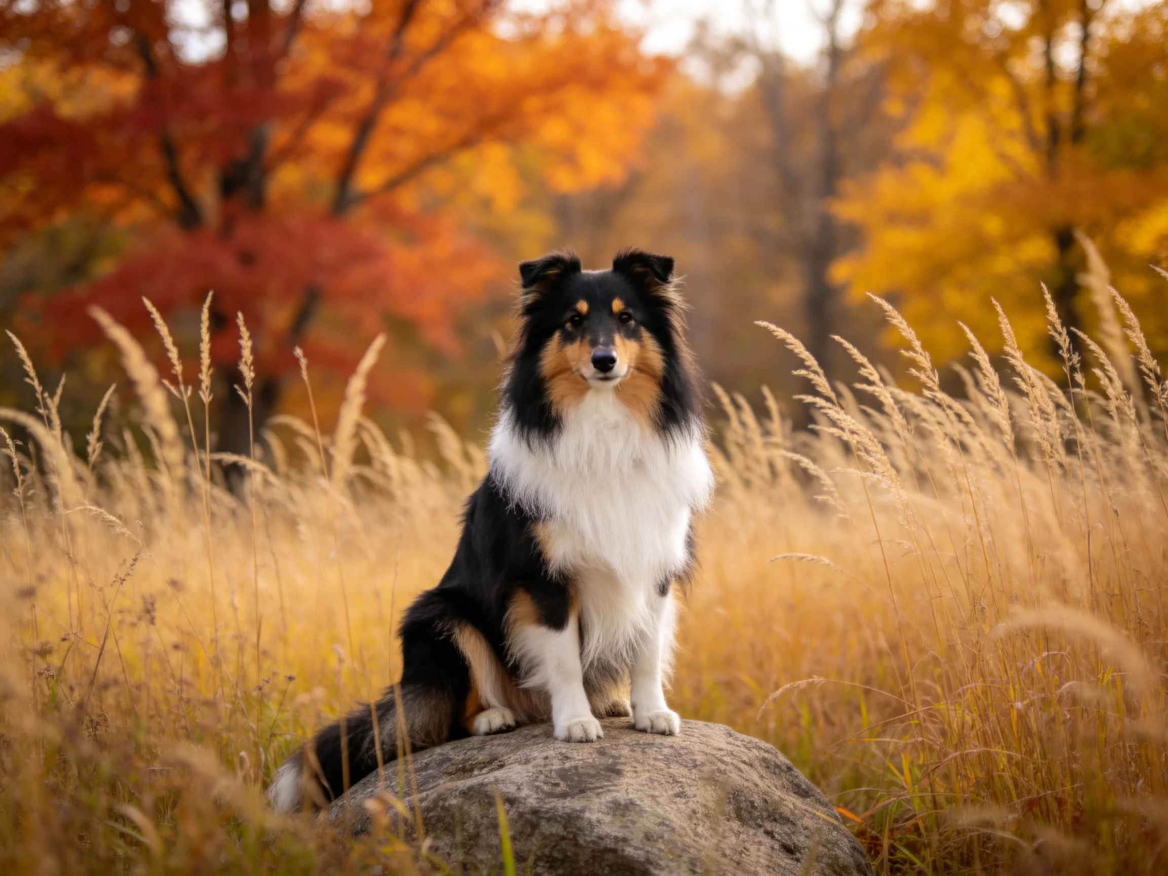 A tricolor collie sits calmly on a rock surrounded by golden grass and colorful fall trees.