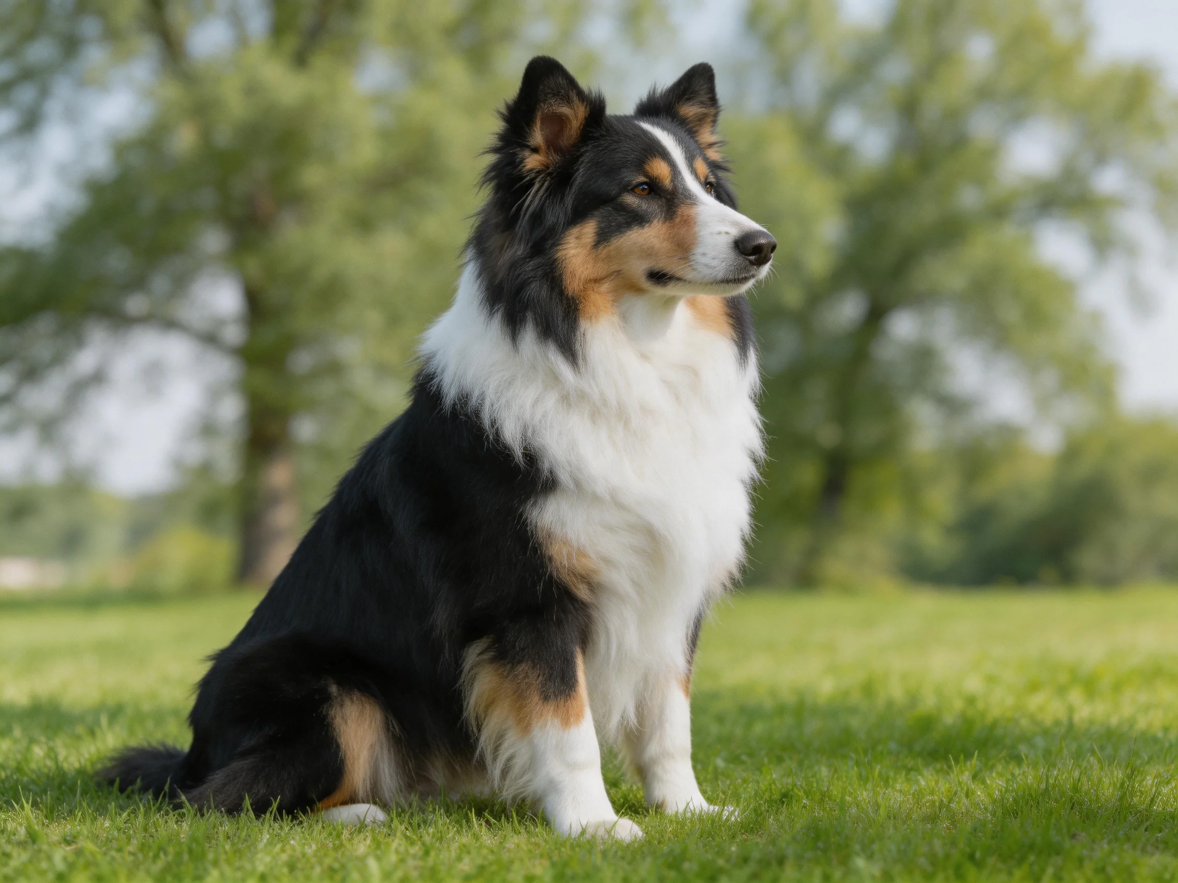 A tricolor collie sits on green grass with trees in the background.