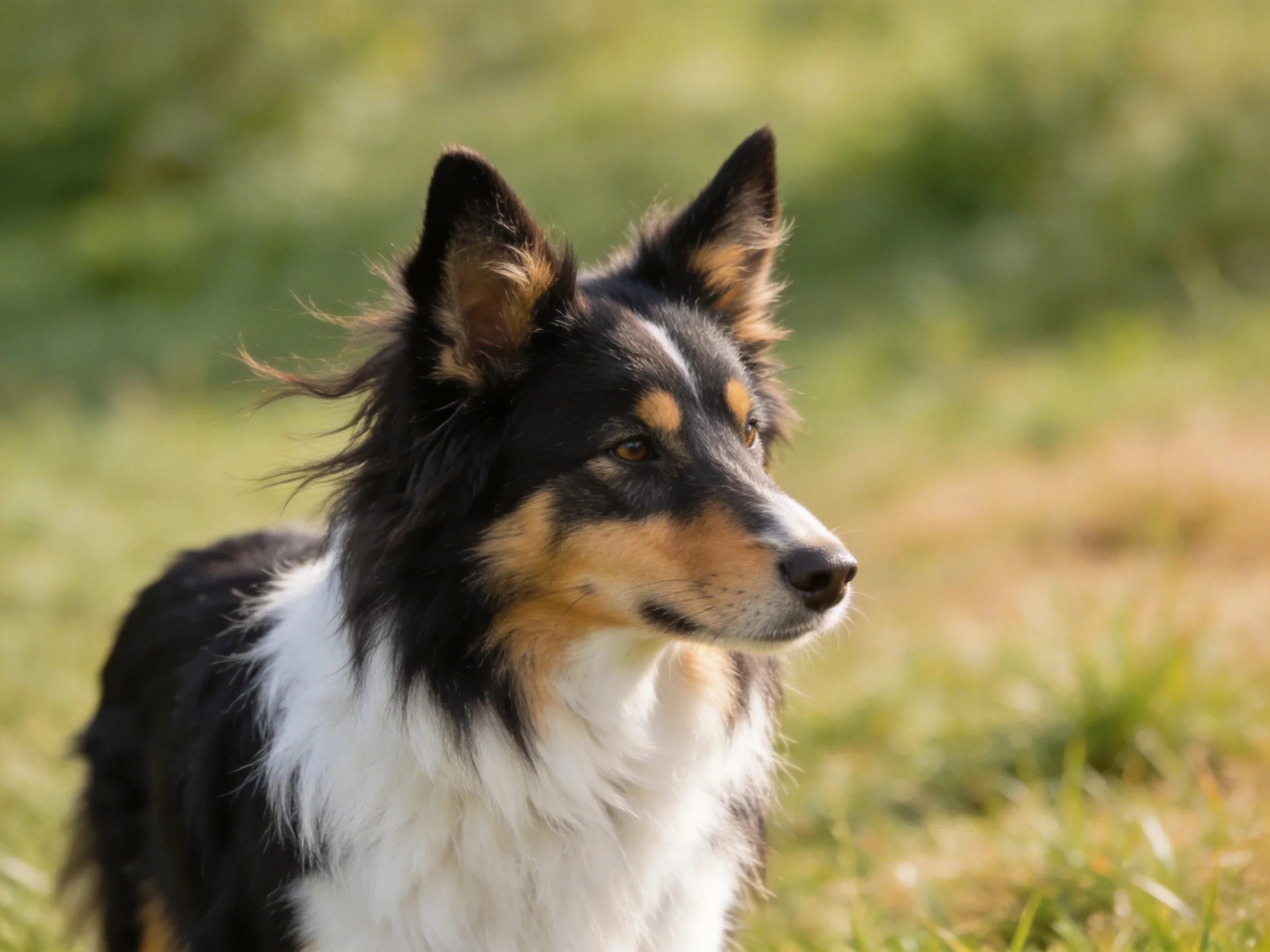 A tricolor collie stands alert in a sunlit grassy field