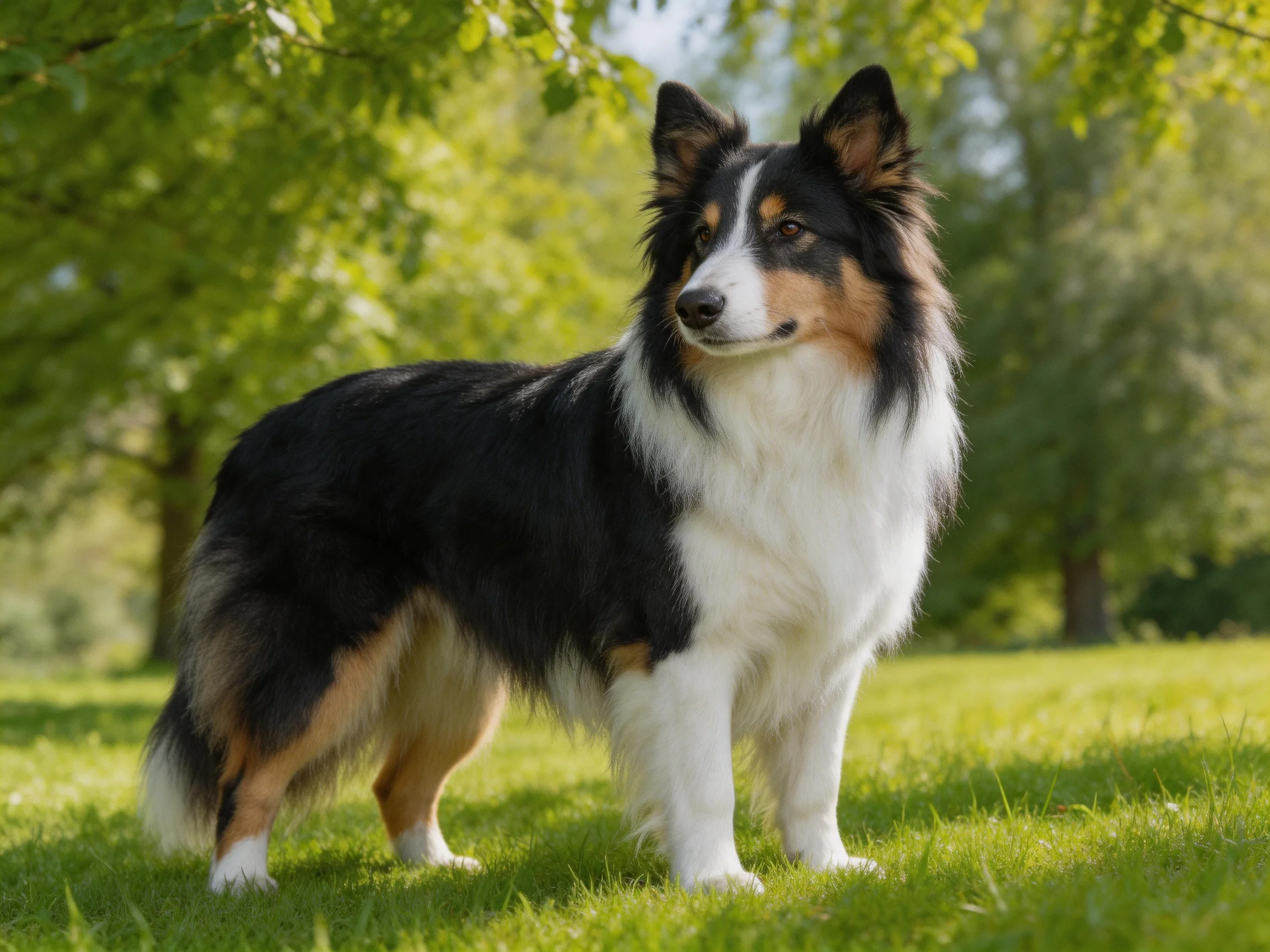 A tricolor collie stands alert in a sunlit green park