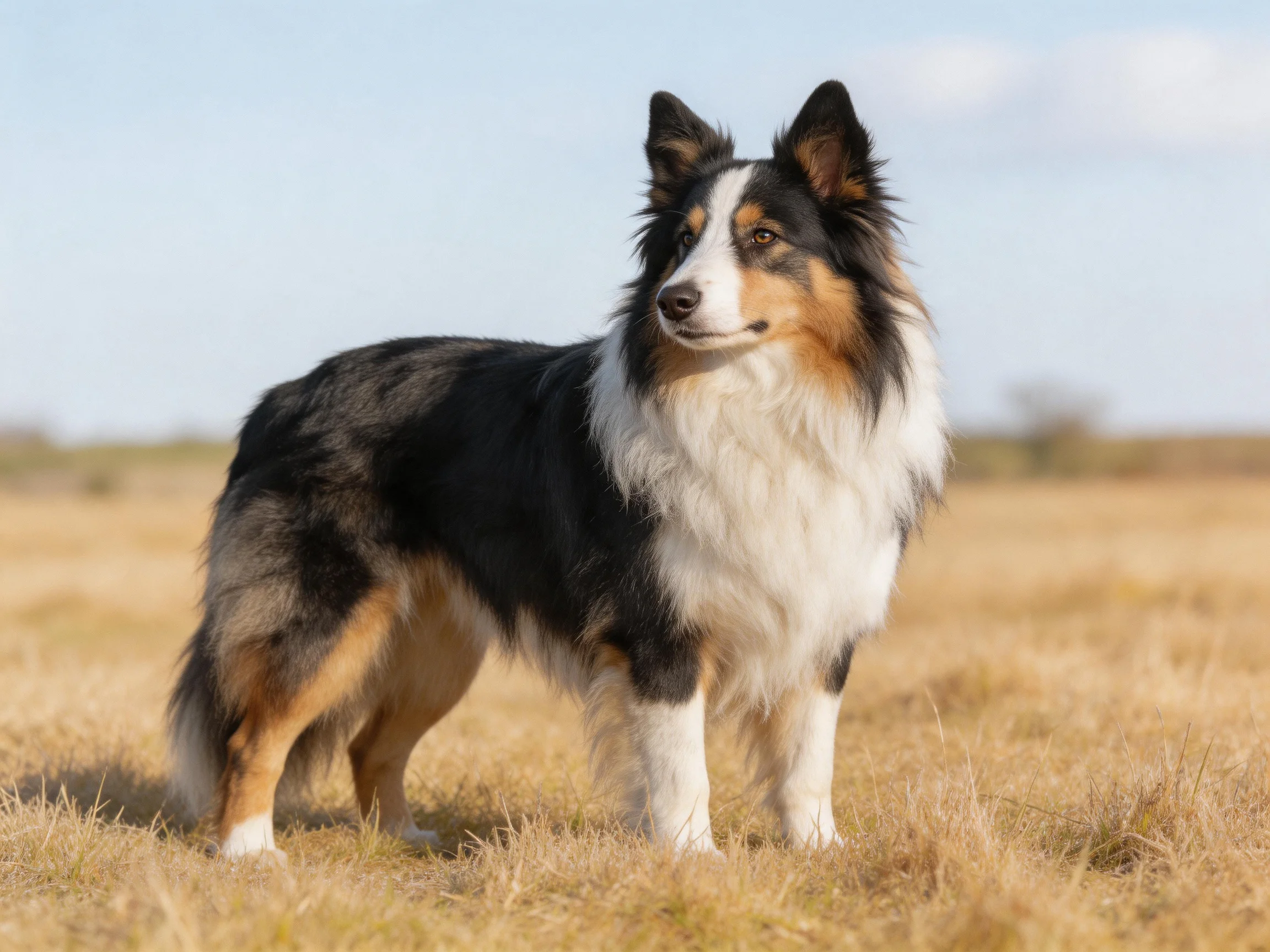 A tricolor collie stands alert in an open golden field