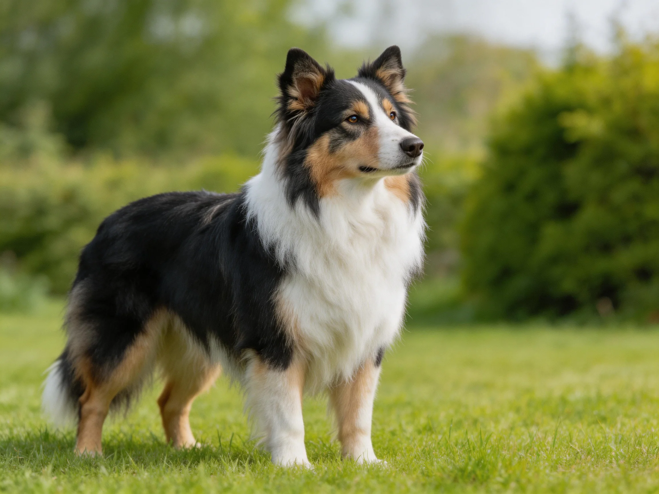 A tricolor collie stands alert on lush green grass
