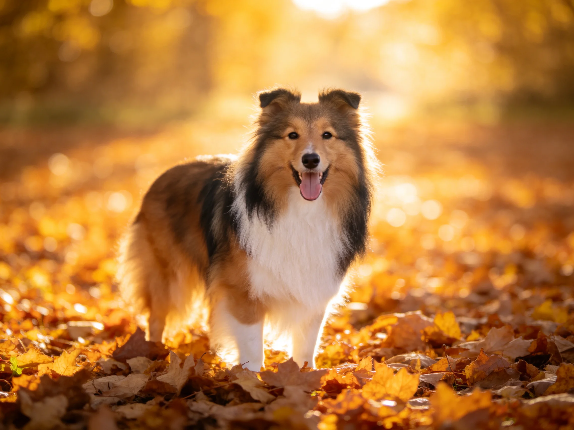 A tricolor collie walks through fallen autumn leaves on a sunlit pathway.