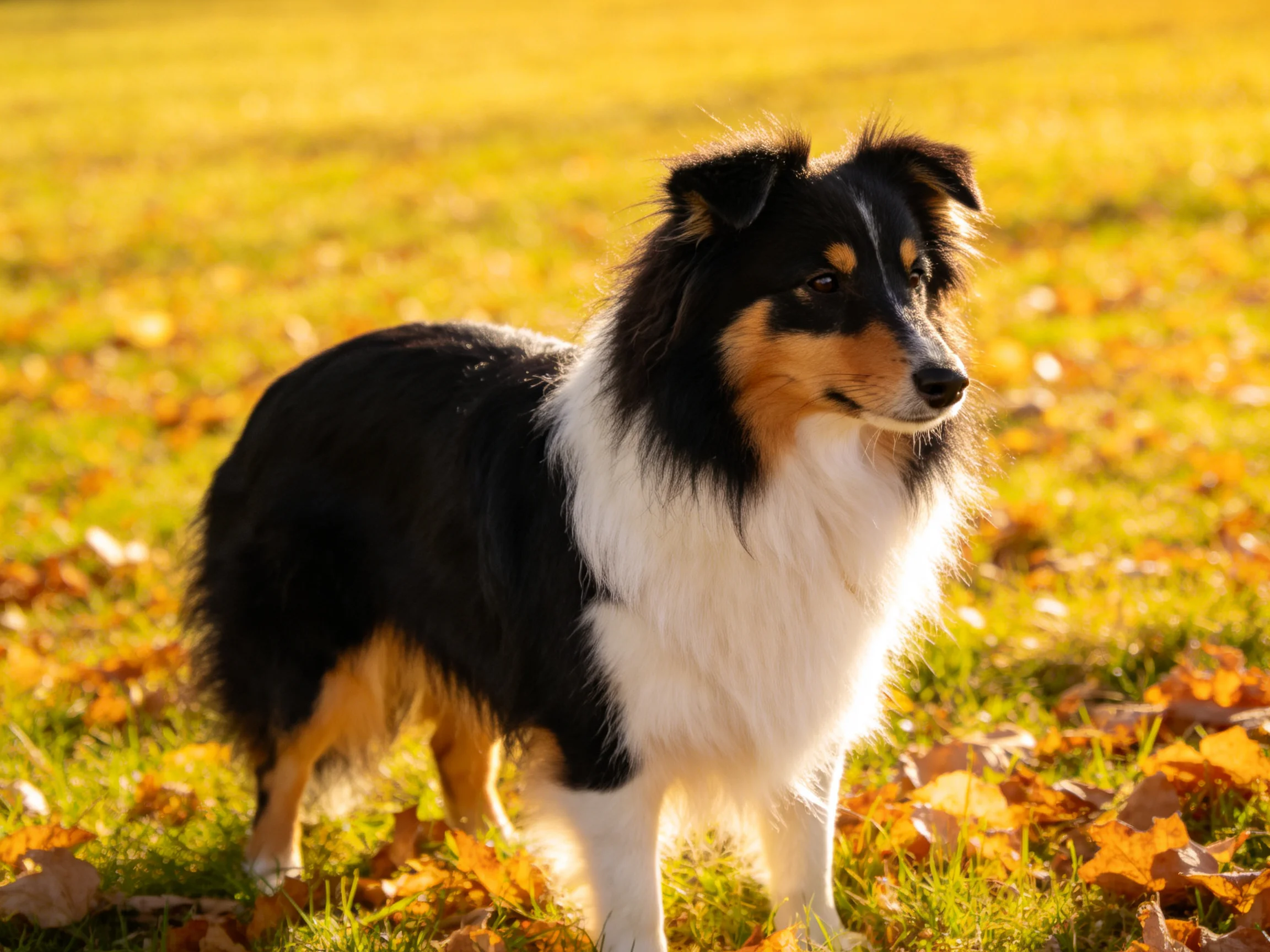 A tricolor collie stands among autumn leaves and grass in a sunlit field.