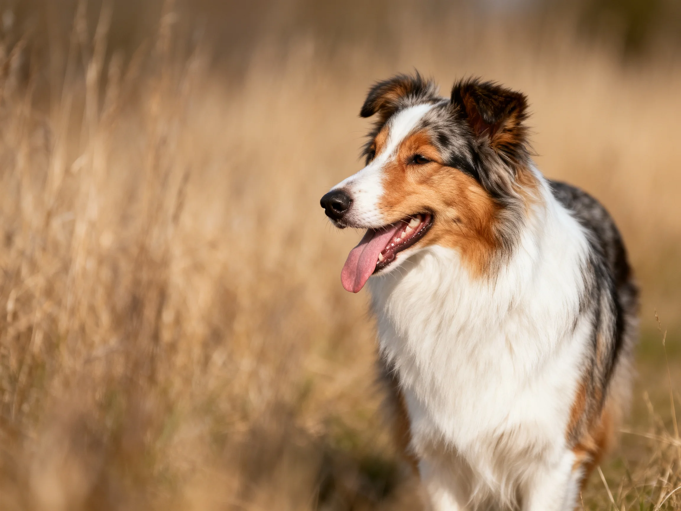 A tricolor collie stands in sunlit golden grassland.