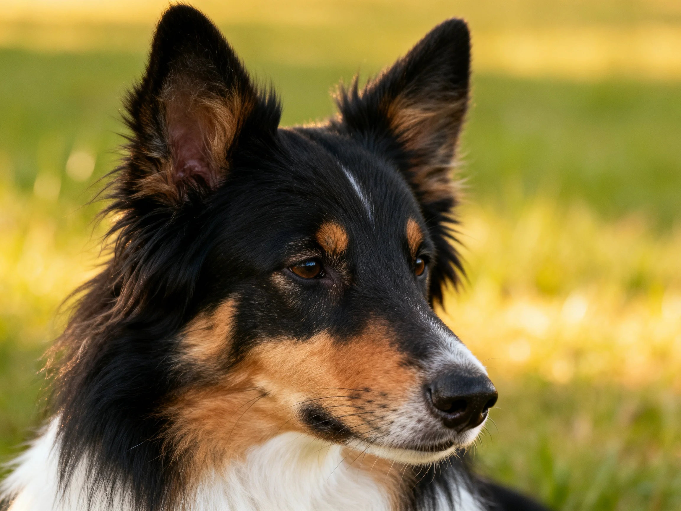 A tricolor collie gazes attentively in a sunlit outdoor setting.