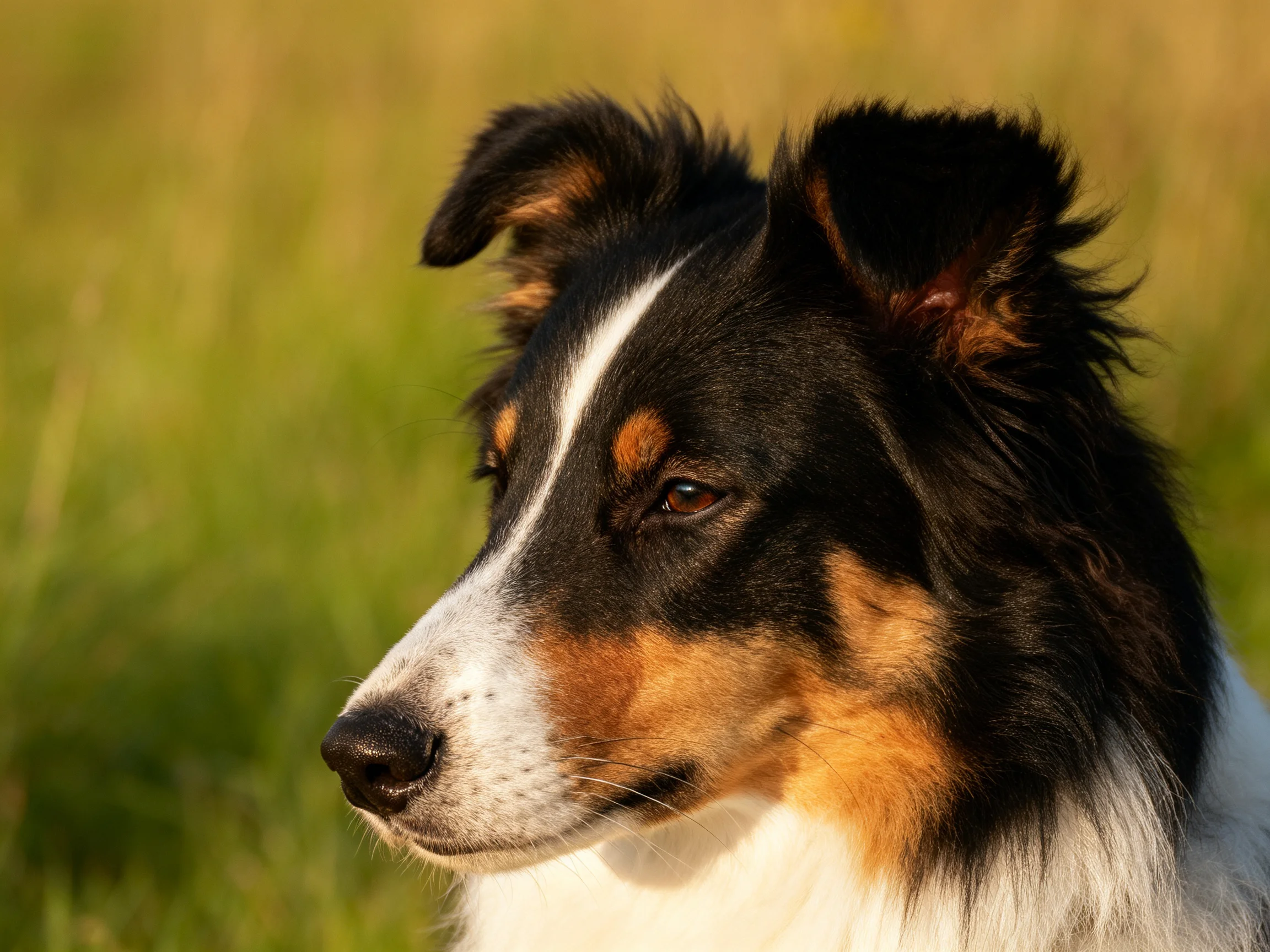 A tricolor collie with black, white, and tan fur in a sunlit meadow