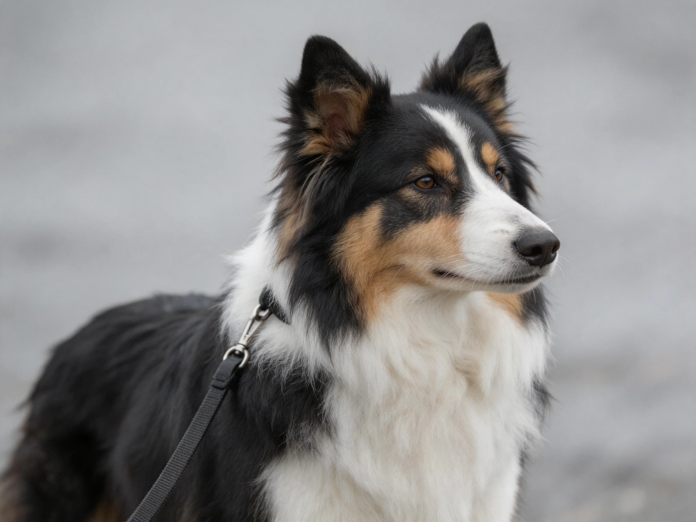 A tricolor collie with black, white, and tan fur standing alertly