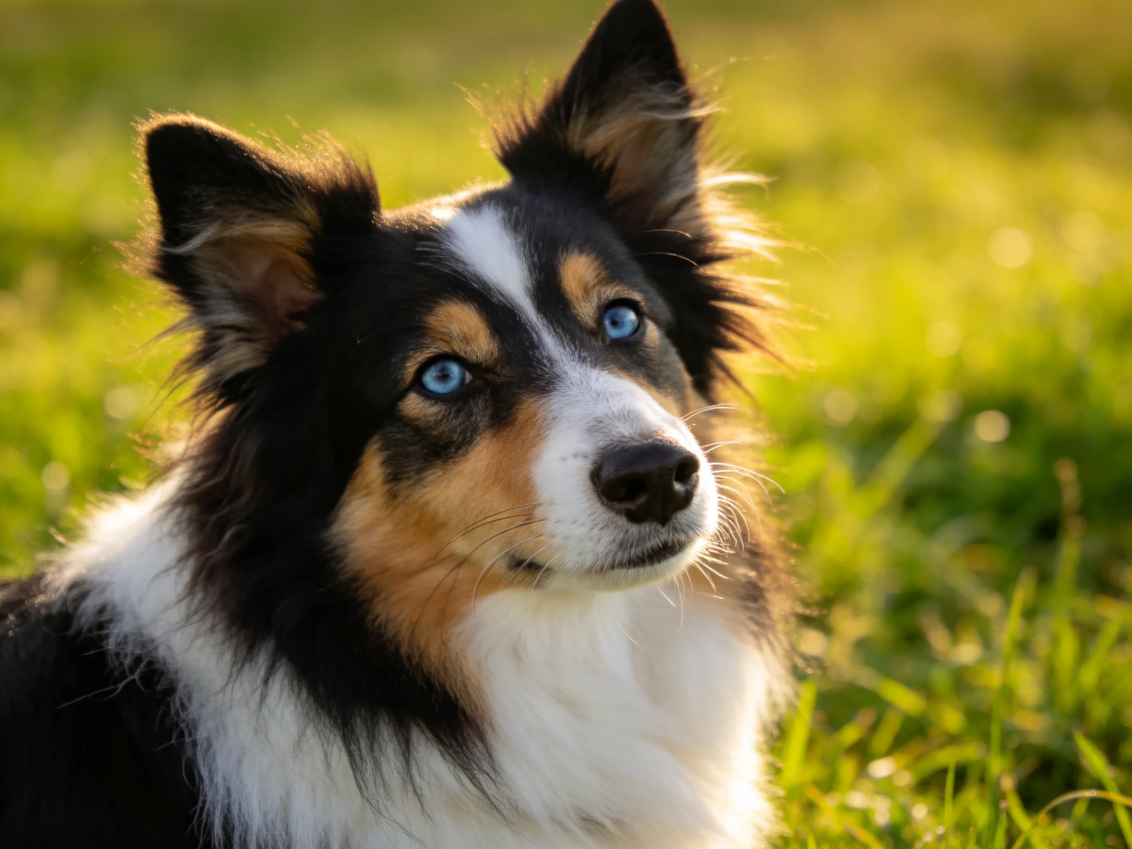 A tricolor collie with bright blue eyes rests in sunlit grass.