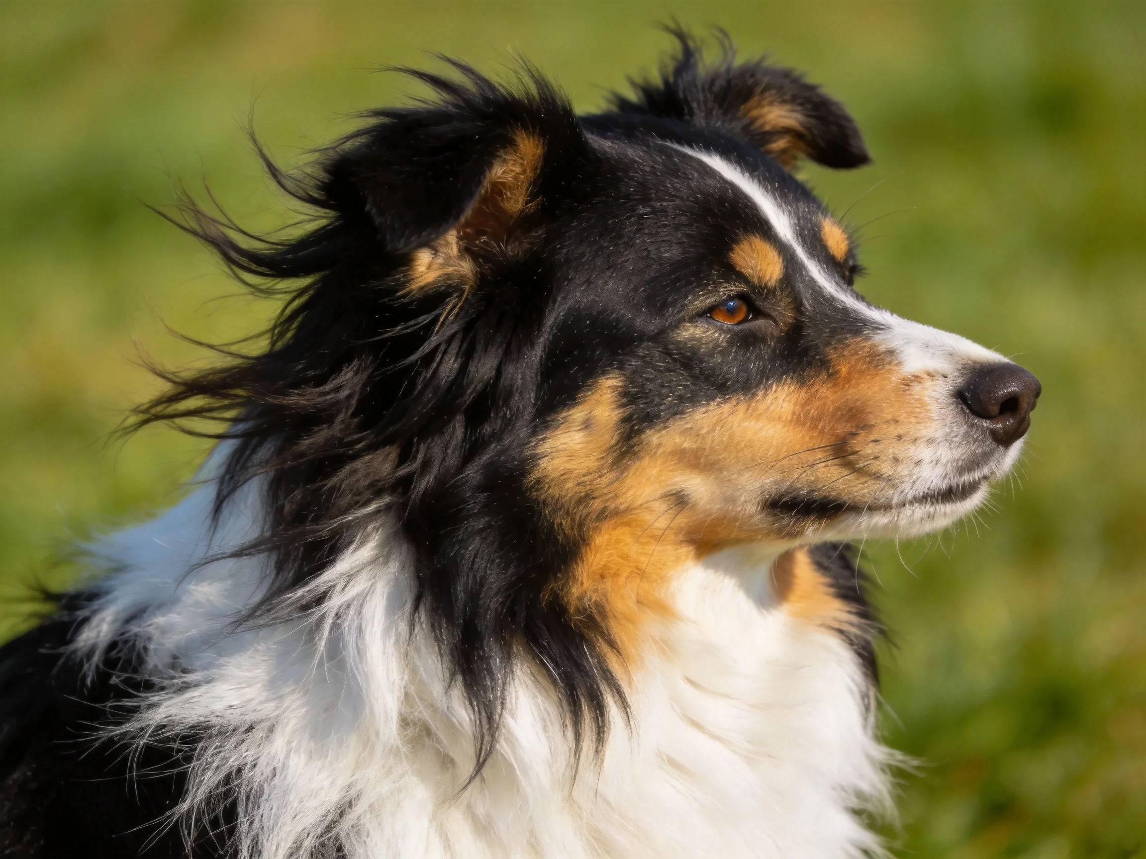 A tricolor collie stands alert in a sunlit green field.