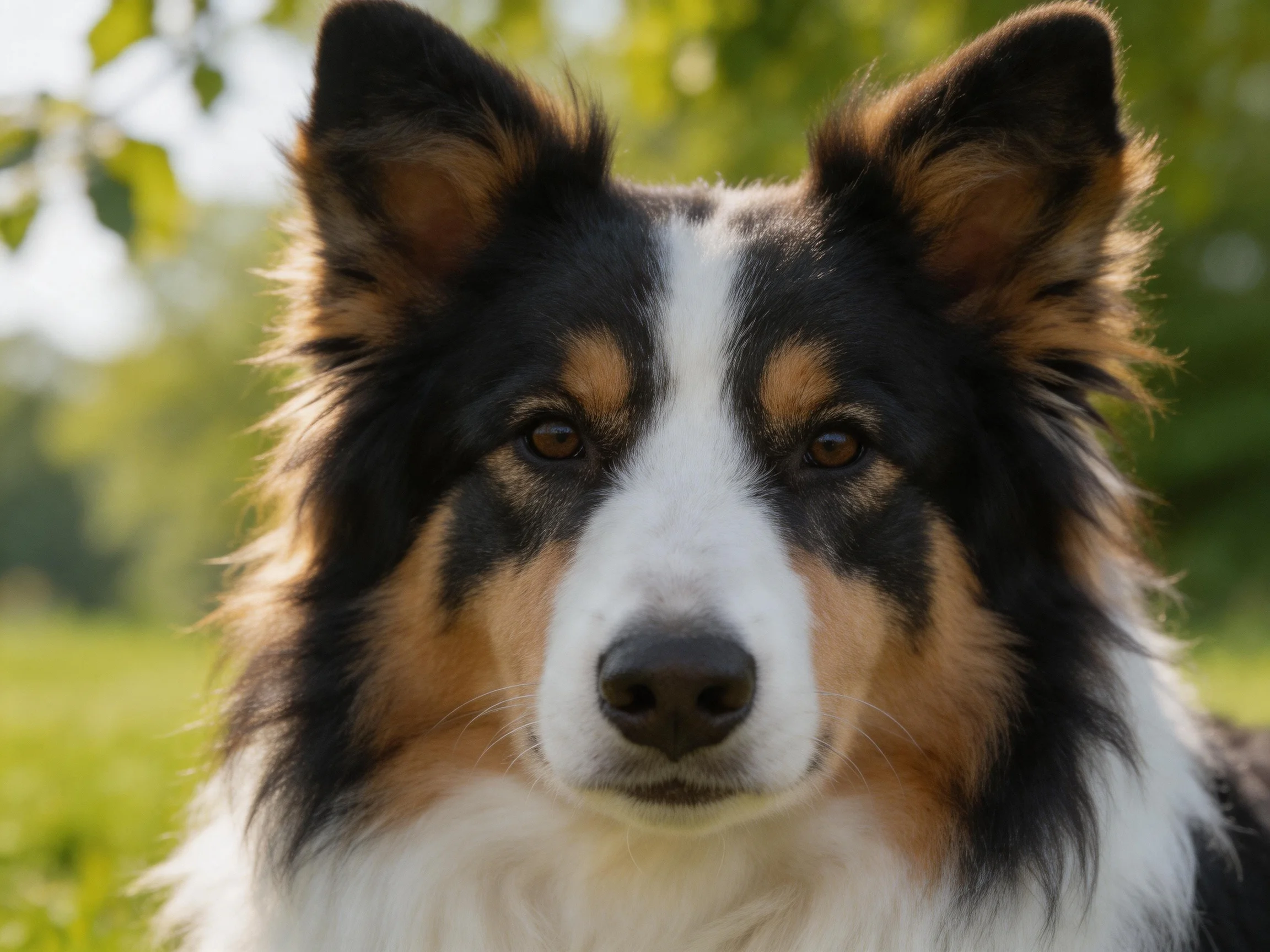 A tricolor collie with fluffy ears is photographed outdoors near greenery.