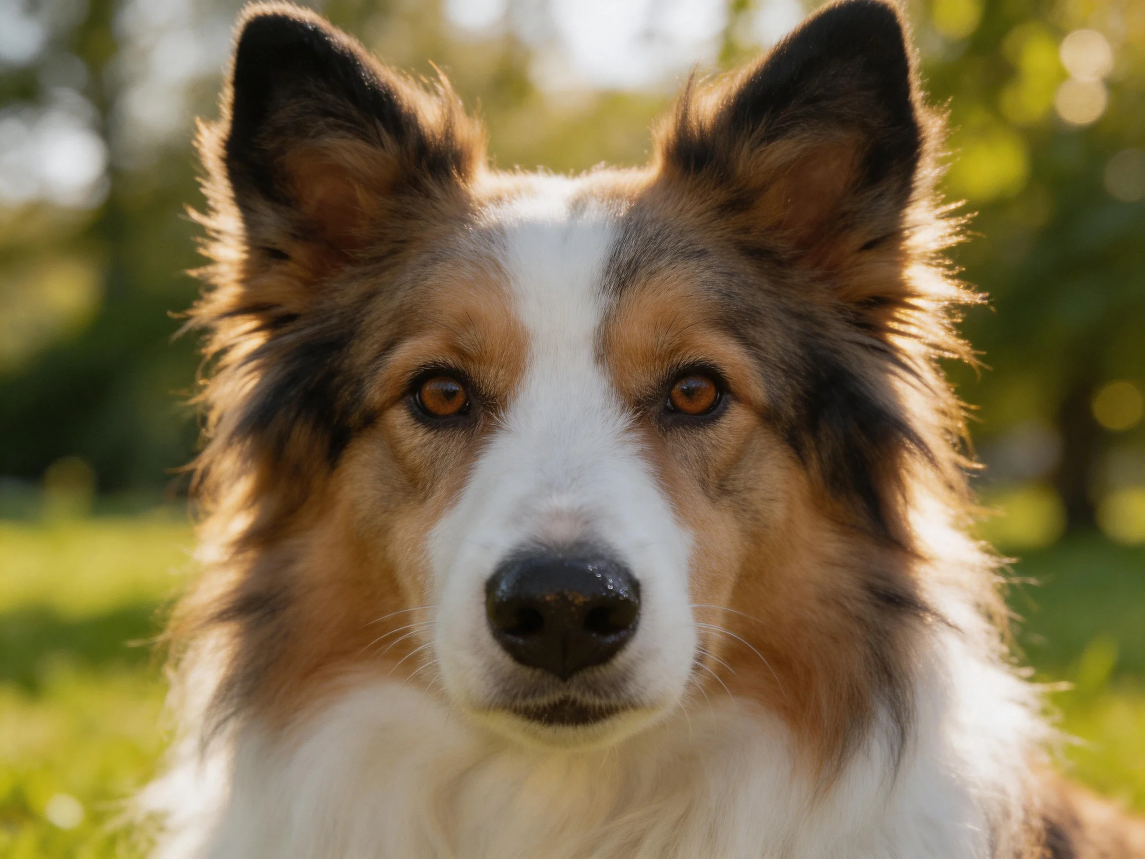 A close - up of a tricolor collie in a sunlit outdoor setting.