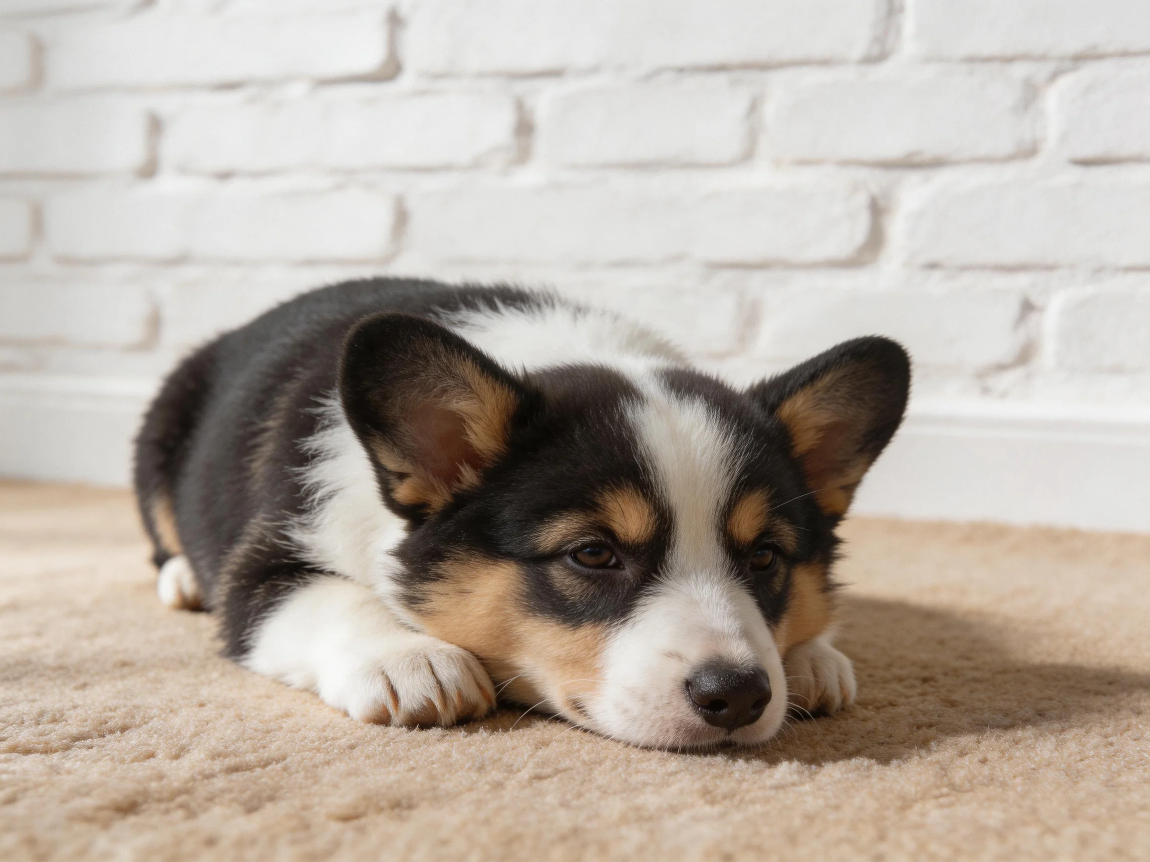 A tricolor corgi puppy lies on a beige carpet beside a white brick wall.