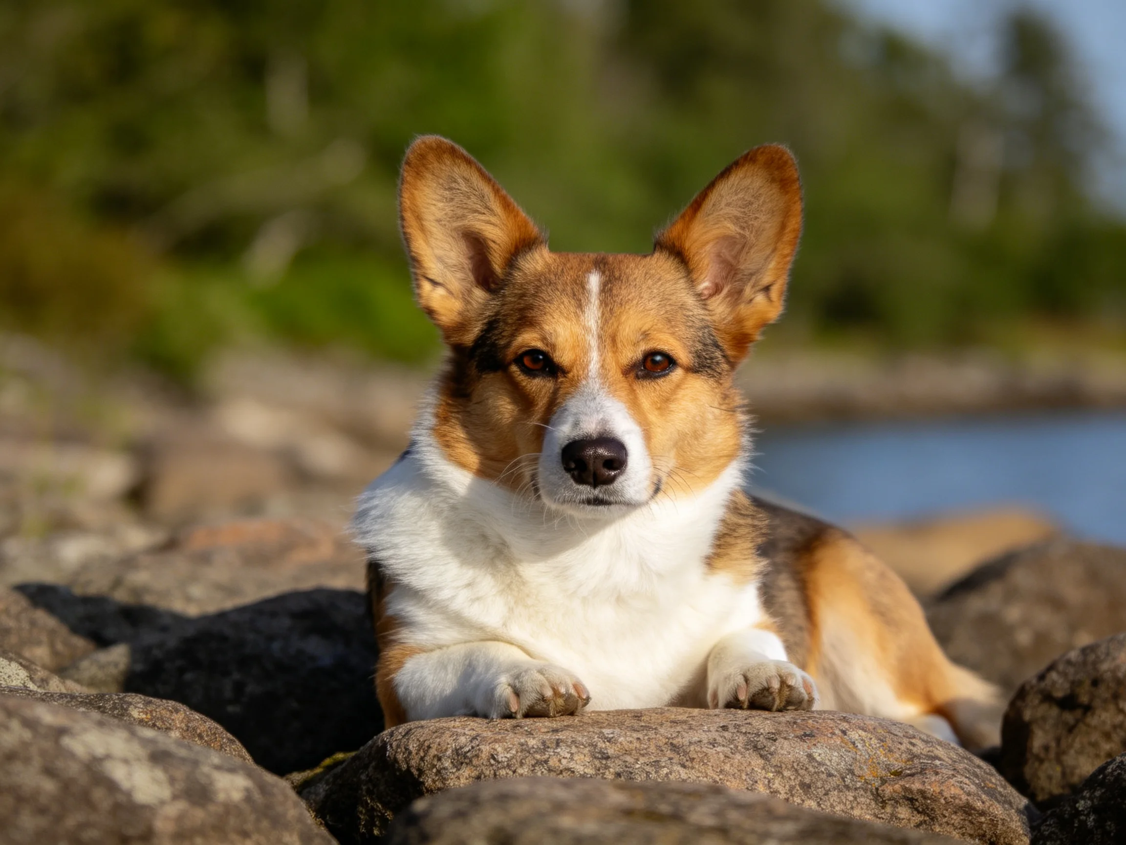 A tricolor corgi rests on weathered coastal rocks by calm waters