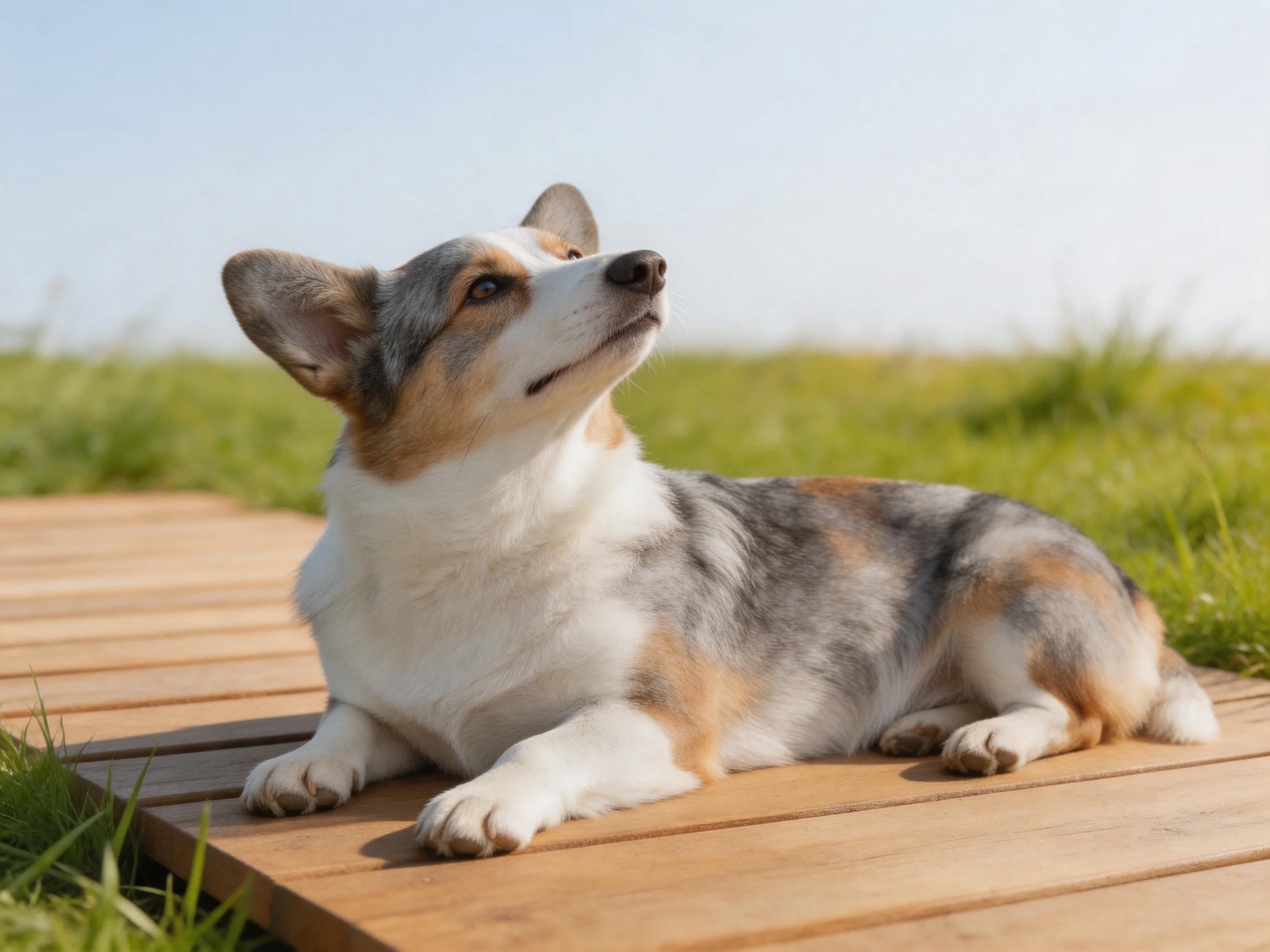 A tricolor corgi lies on wooden planks beside green grass.