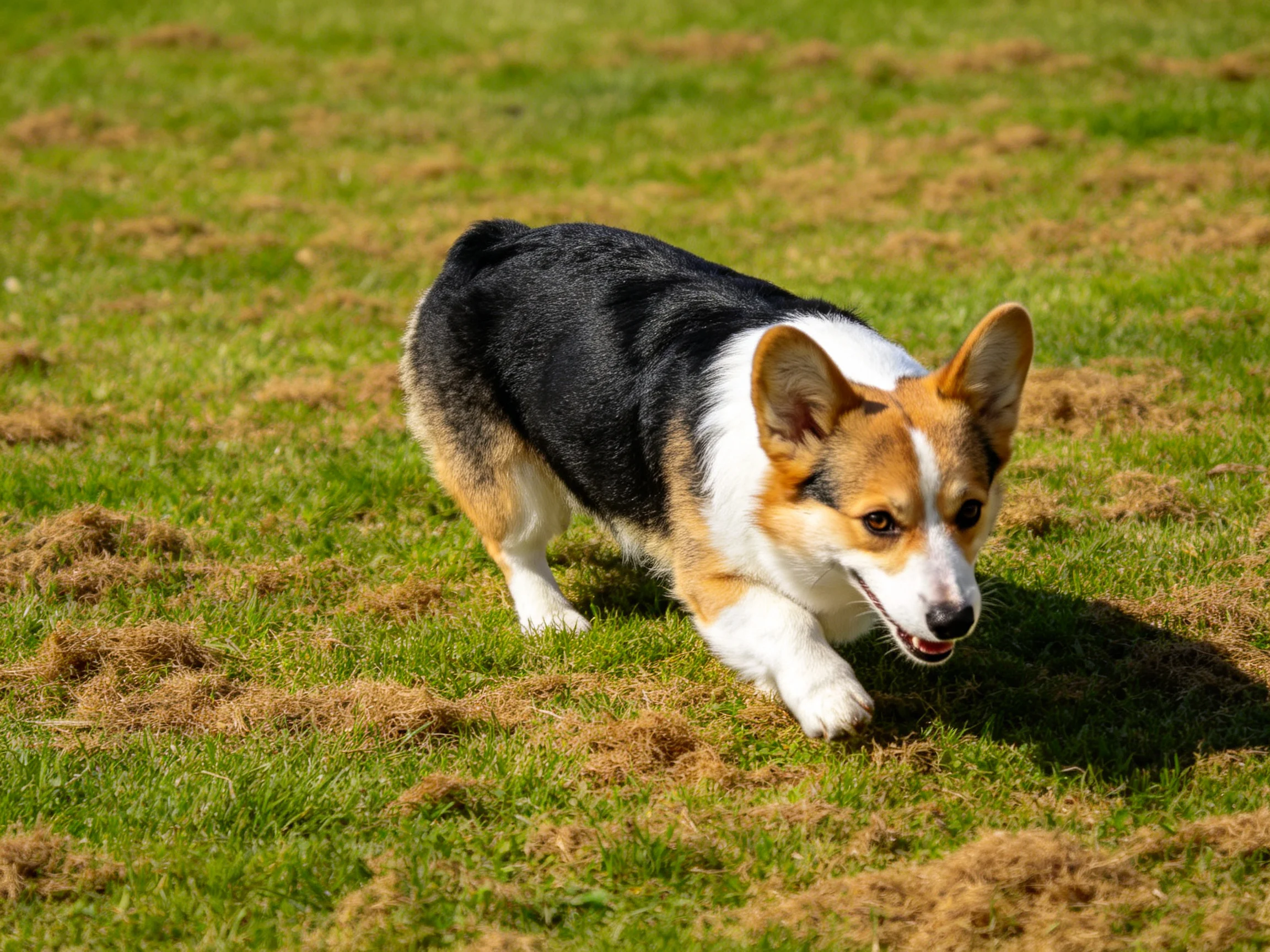 A tricolor corgi runs across a patchy green and brown lawn