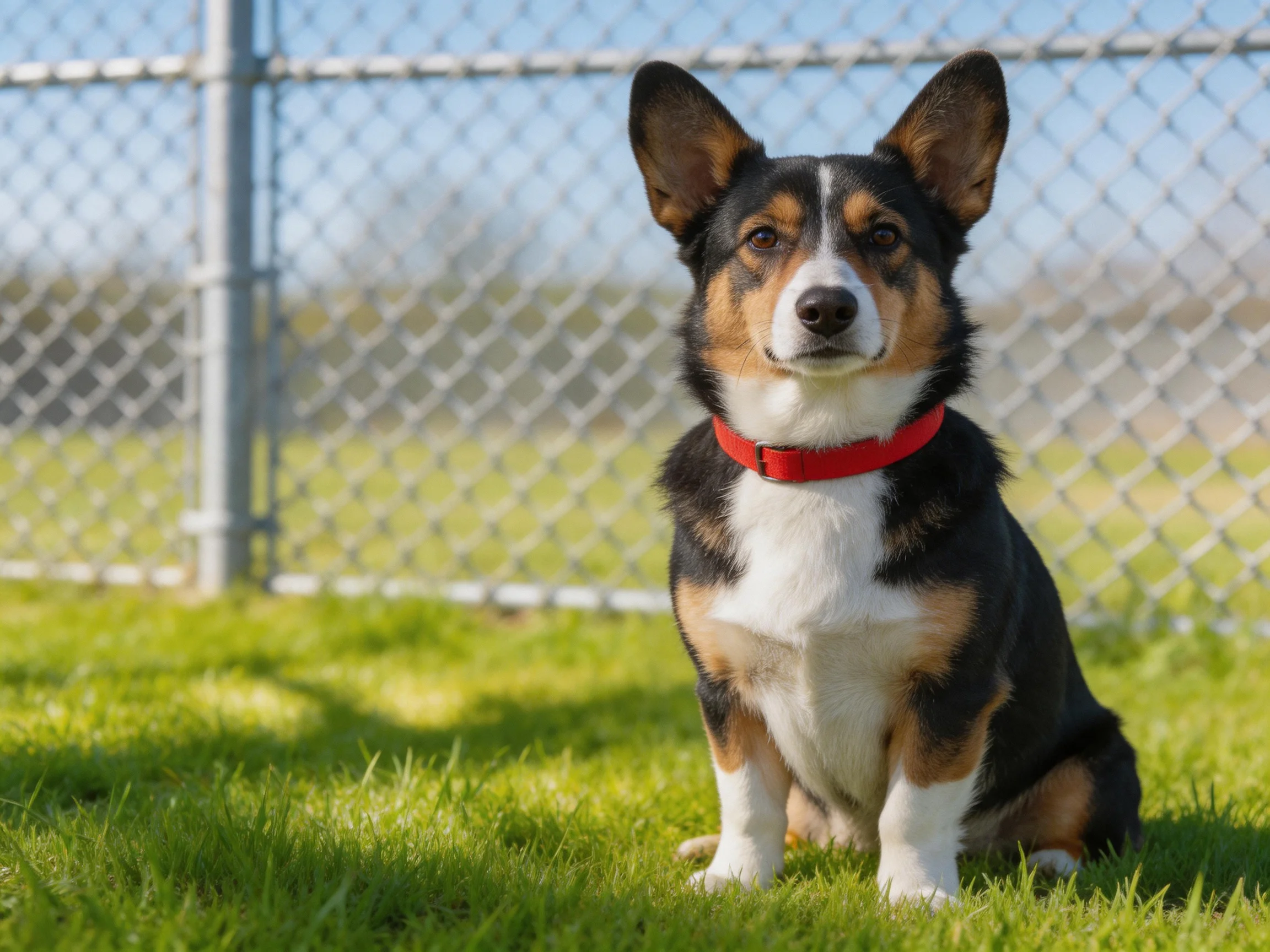 A tricolor corgi sits calmly on green grass beside a chain-link fence.
