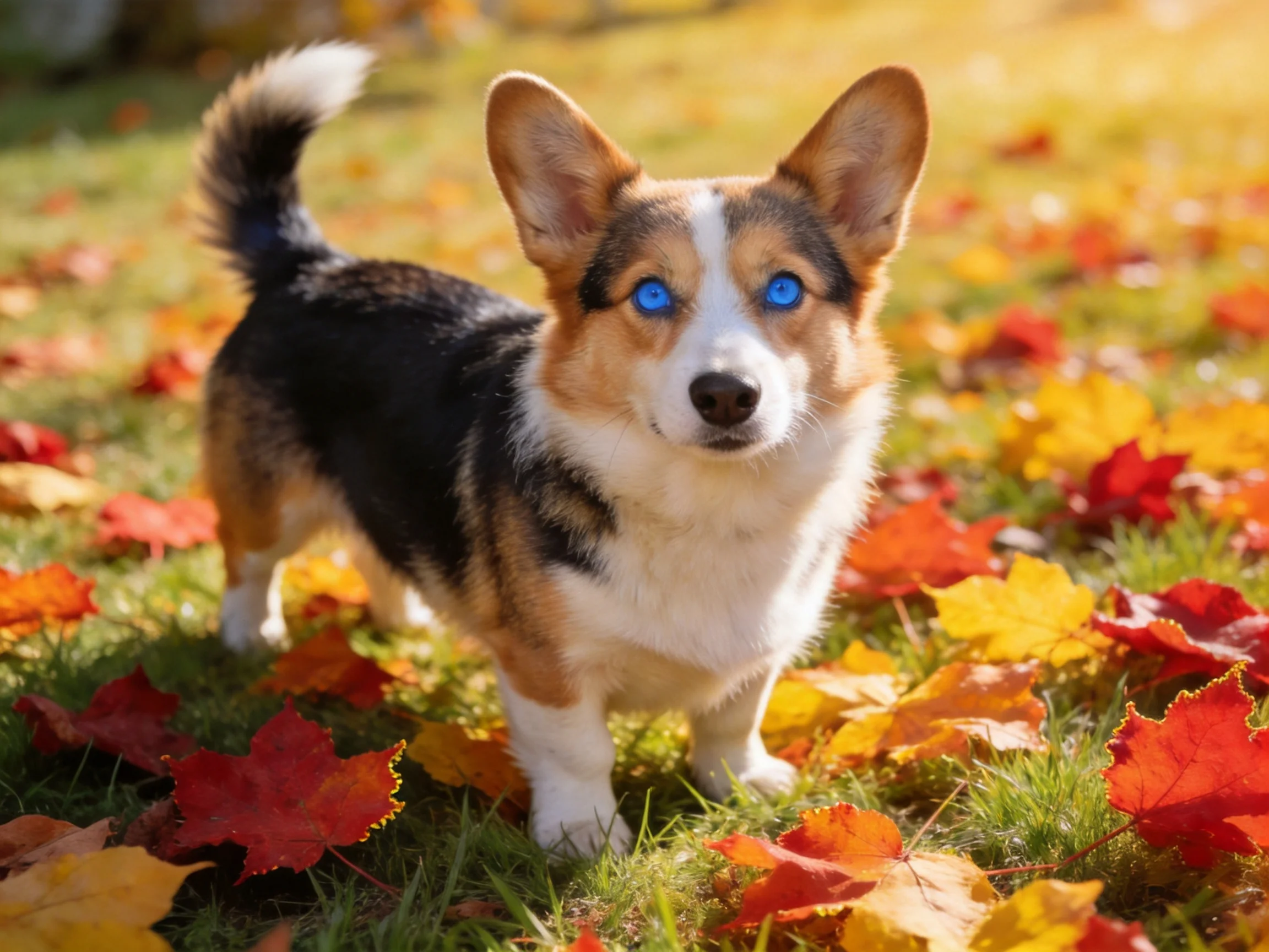 A tricolor corgi stands among colorful autumn leaves on green grass
