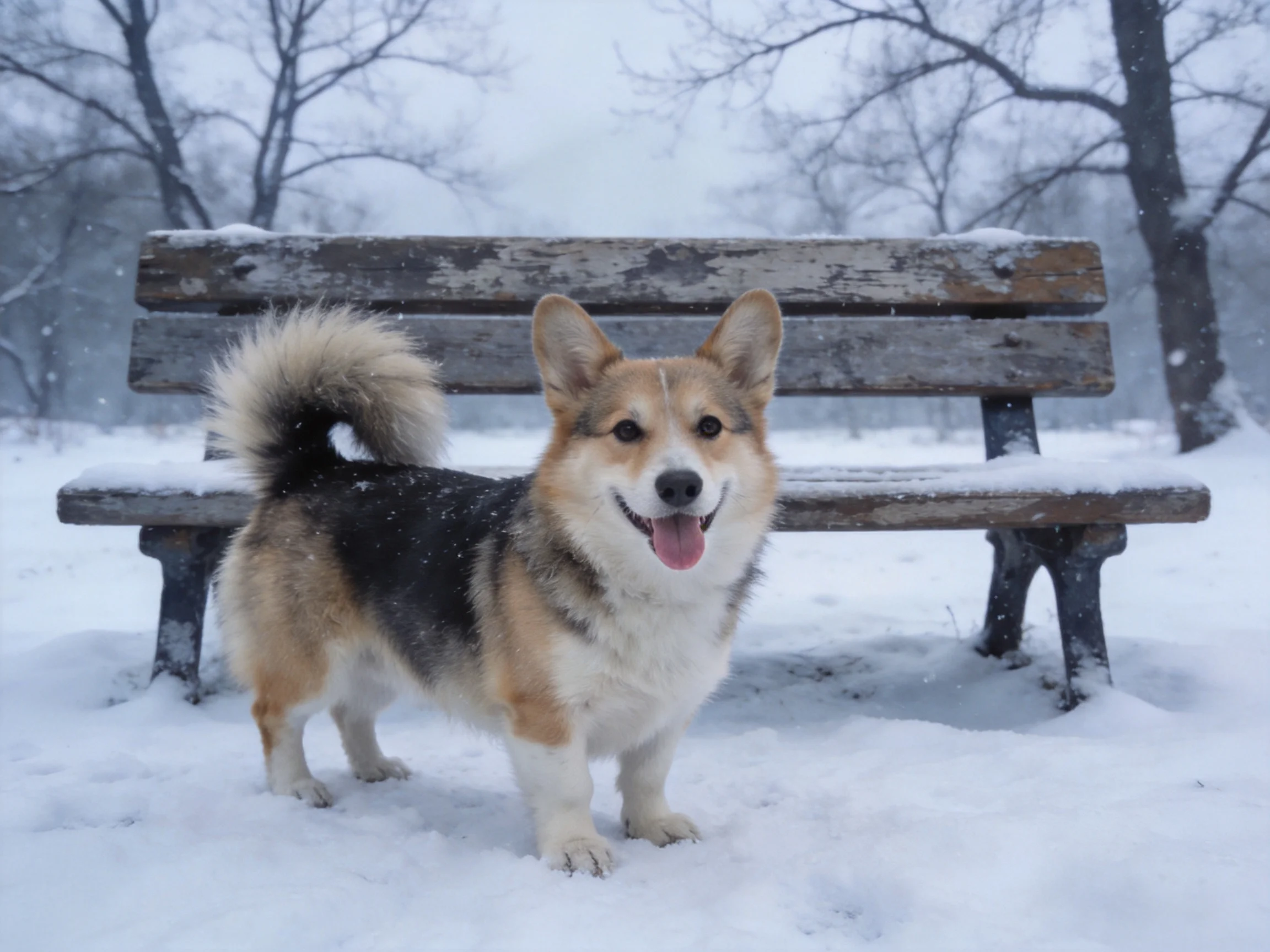 A tricolor corgi stands near a snow-covered wooden bench