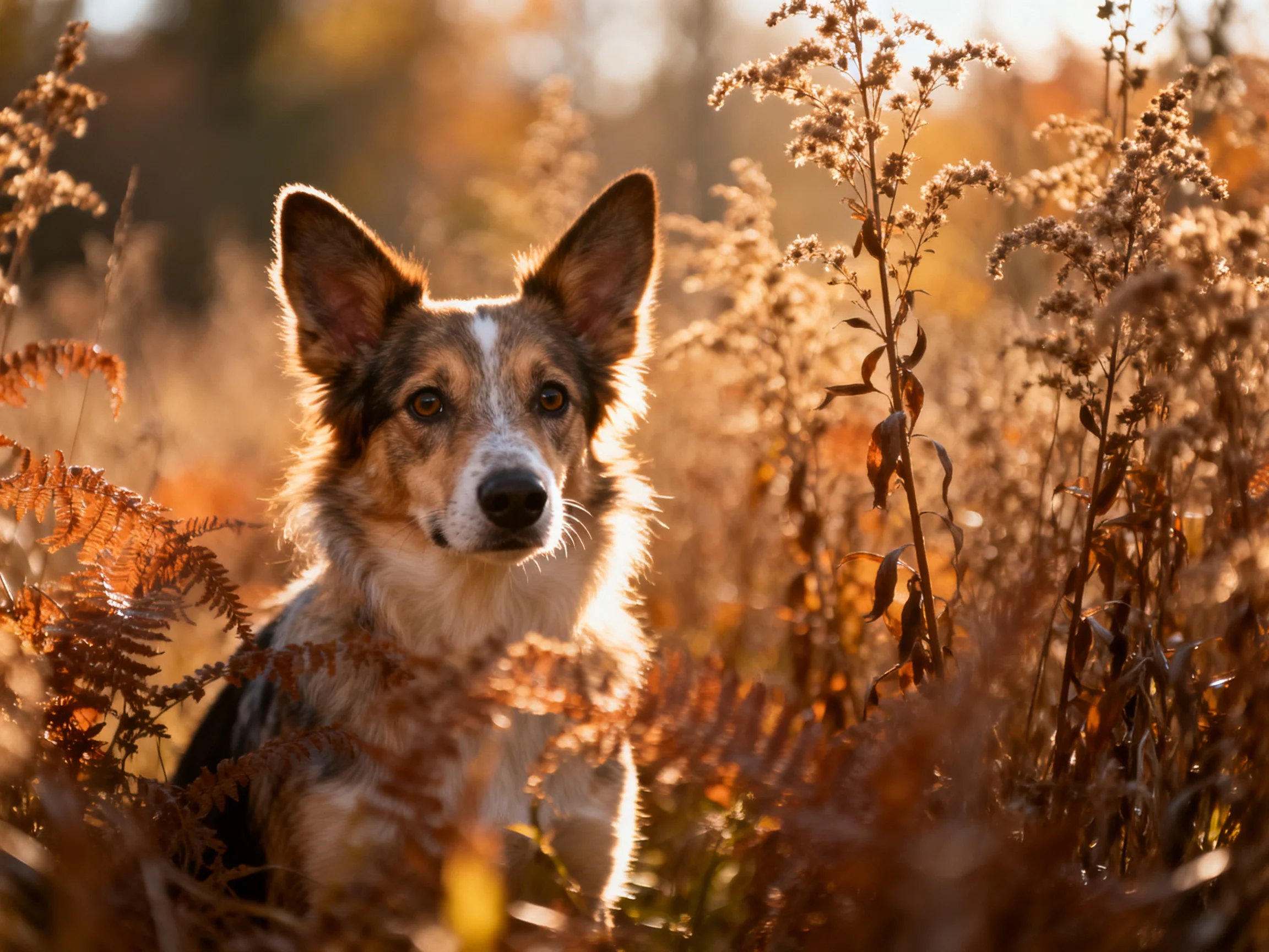 A tricolor dog amidst golden autumn foliage in soft sunlight