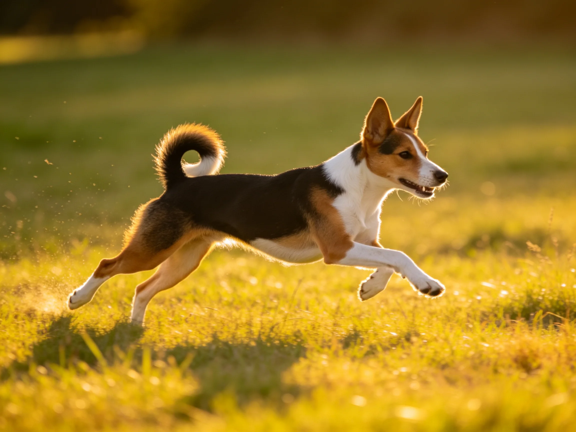 A tricolor dog bounds across a sun-drenched grassy field