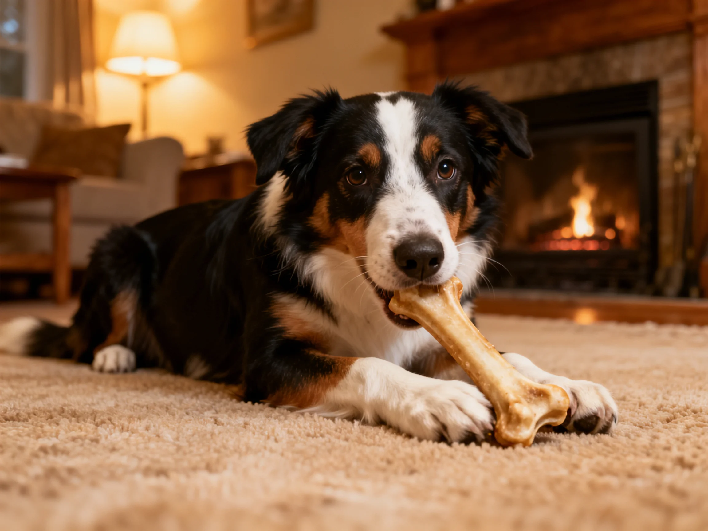 A tricolor dog plays with a bone in a cozy living room.