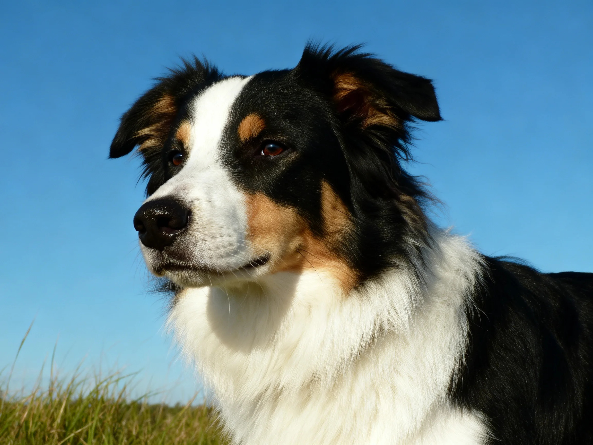 A tricolor dog looks attentive outdoors with a clear blue sky.