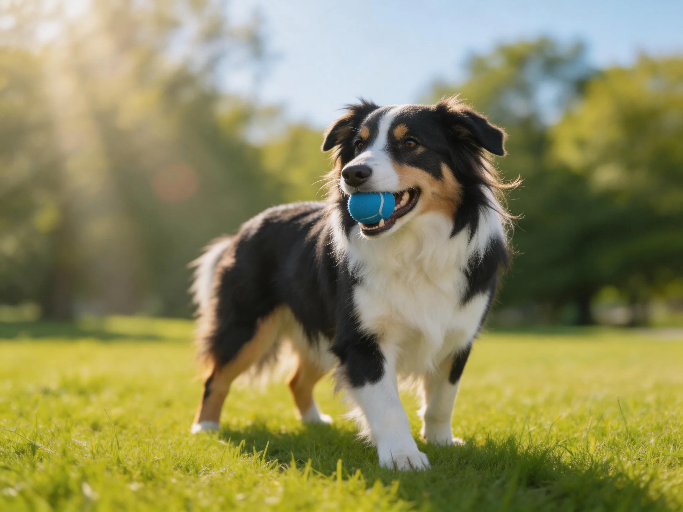 A tricolor dog holds a blue ball on a sunlit grassy field