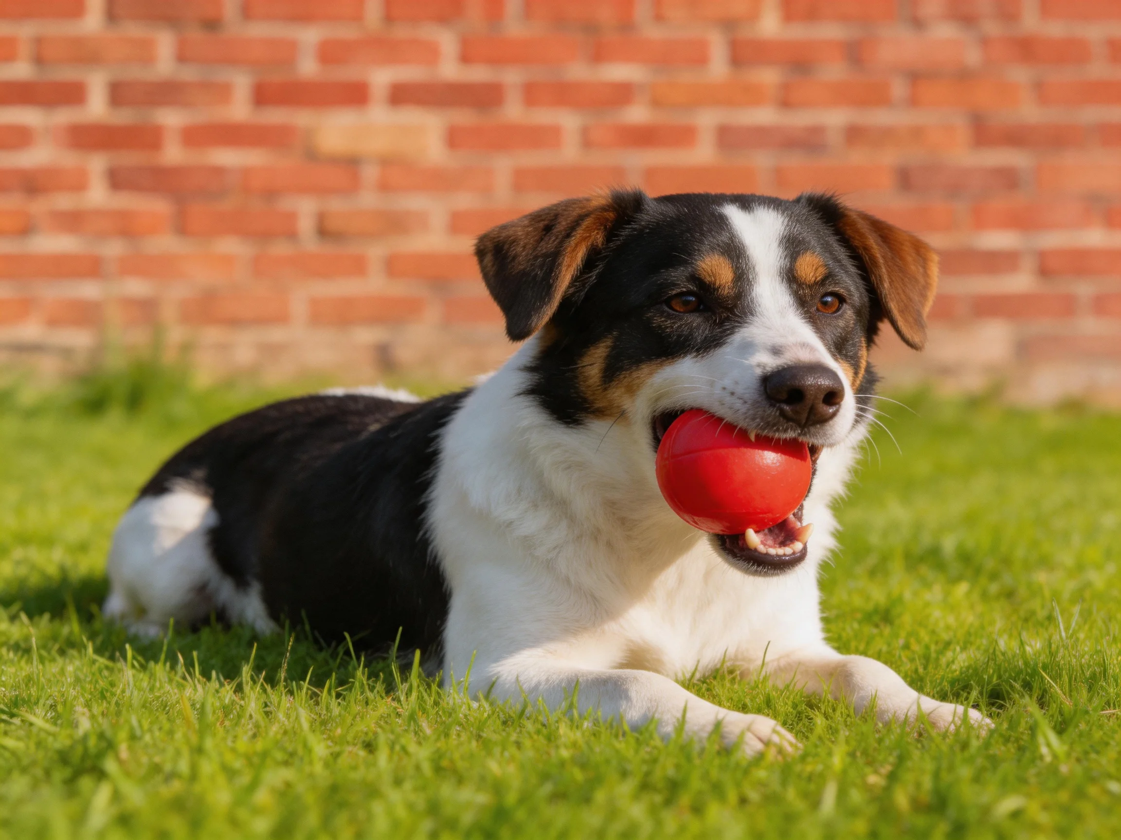 A tricolor dog rests on grass while holding a red ball close to a brick wall.