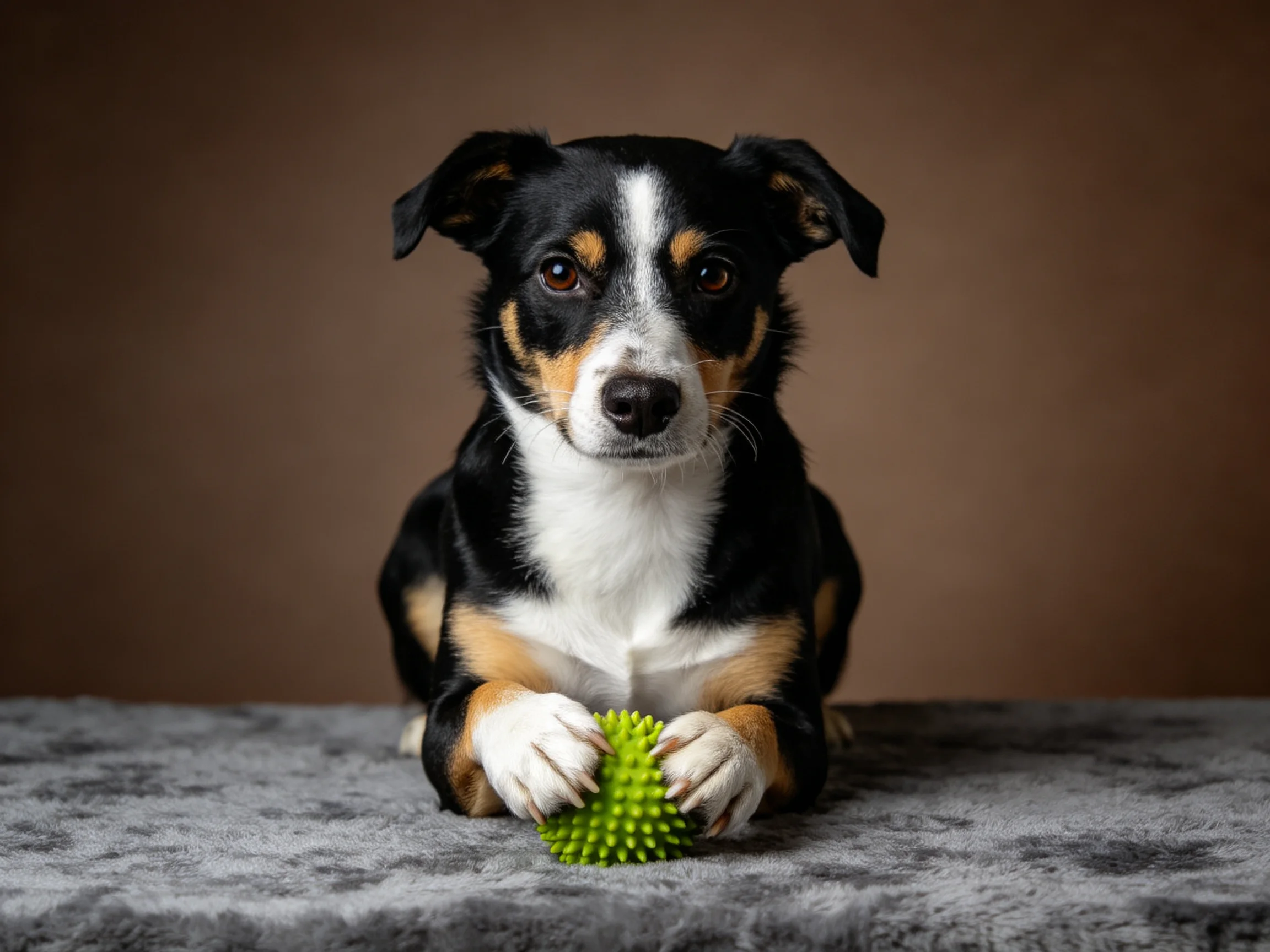 A tricolor dog holds a green spiky toy while sitting on a gray surface.