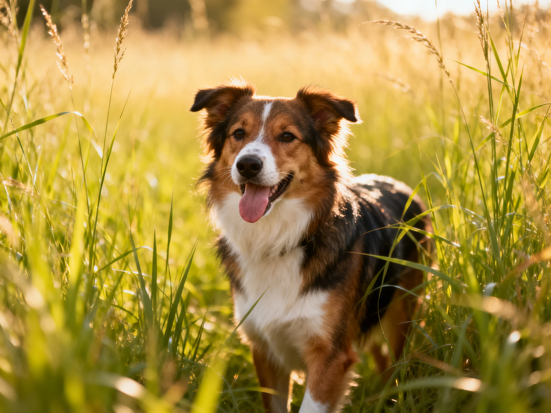 A tricolor dog in sunlit tall grass