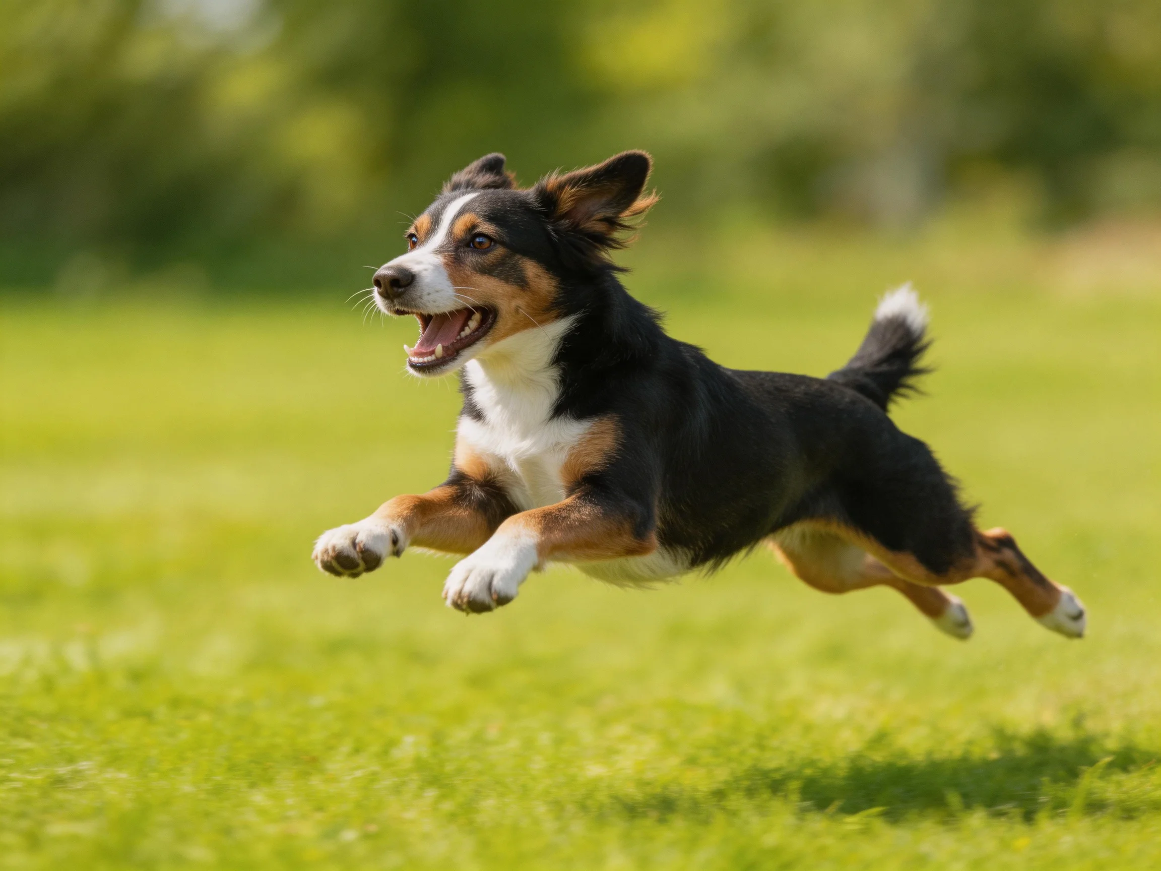 A tricolor dog joyfully leaps over a vibrant green meadow